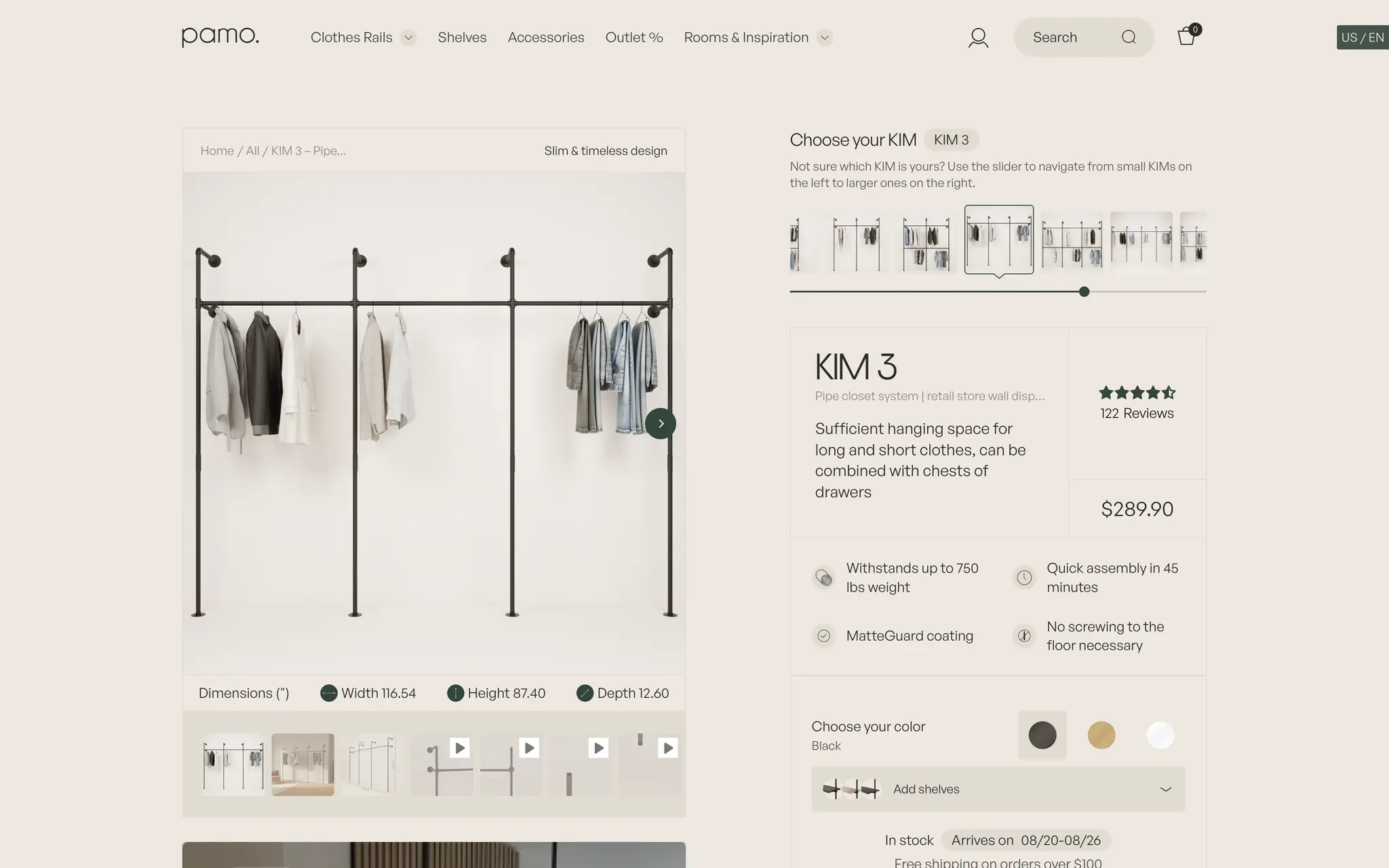 pamo. KIM 3 product page with a size slider to step between rail configurations, colour swatches, an add-shelves selector, price and delivery date.