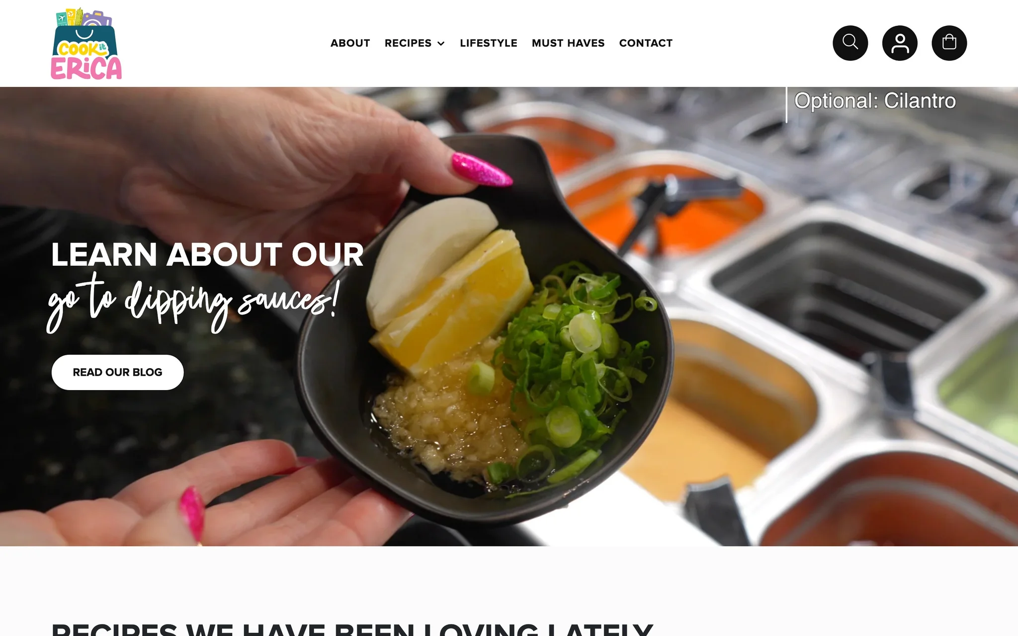 Cook It Erica homepage hero with a dipping sauce close-up, the main navigation and a Read Our Blog button.