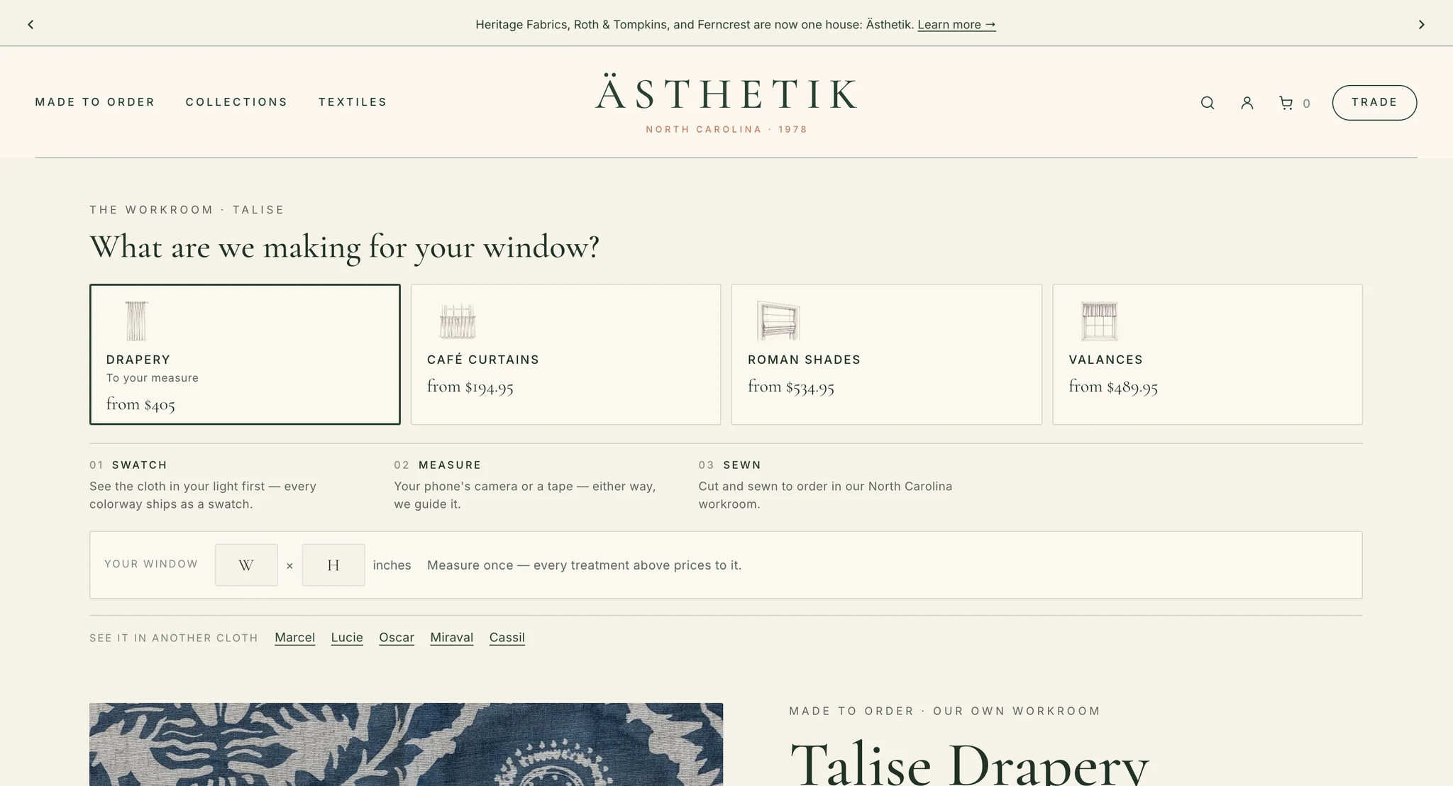 Talise workroom page asking "What are we making for your window?" with Drapery, Café curtains, Roman shades and Valances cards and a window size input