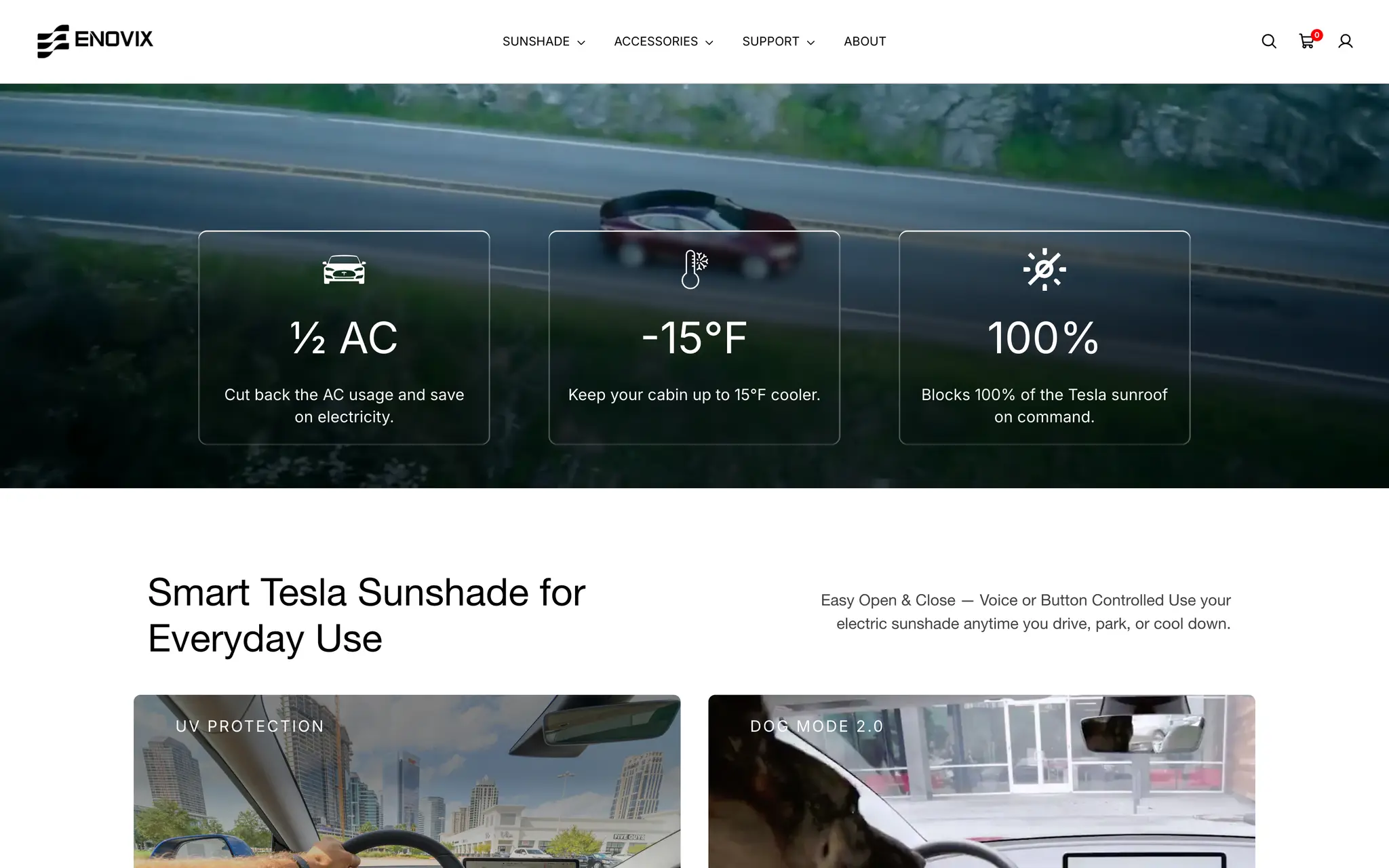 Statistics band on the Enovix homepage over a mountain-road backdrop: half the AC usage, cabins up to 15°F cooler, and 100% of the Tesla sunroof blocked on command.
