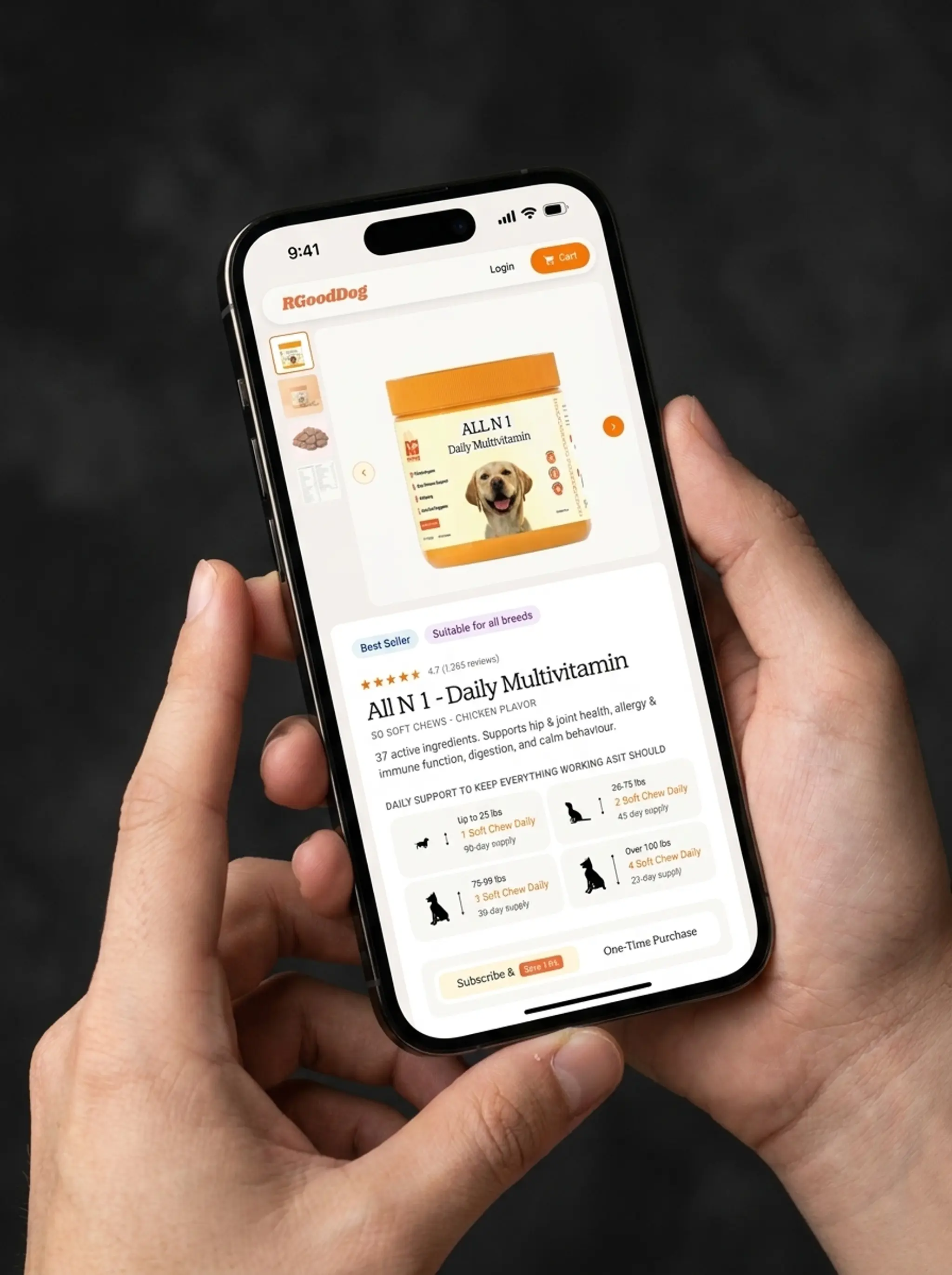 R Good Dog All N 1 Daily Multivitamin product page shown on a mobile phone mockup, with the product image, star rating, and a subscribe and save option