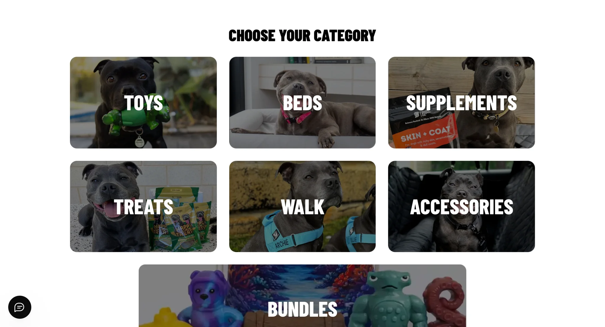 Choose your category grid with photo tiles for toys, beds, supplements, treats, walk, accessories and bundles