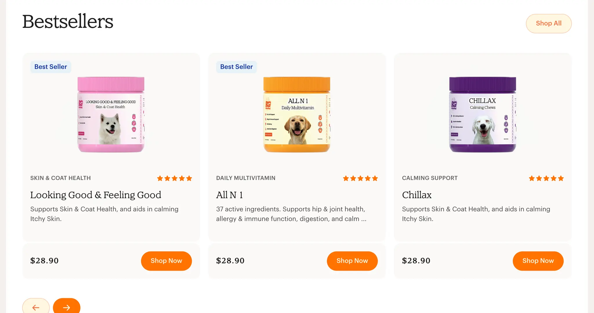 R Good Dog bestsellers carousel showing skin and coat, daily multivitamin, and calming chew products with star ratings