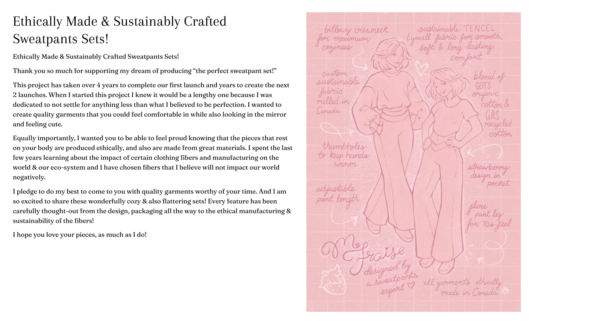 Founder's letter headed "Ethically Made & Sustainably Crafted Sweatpants Sets!" beside a pink hand-drawn card of two figures in the set, with handwritten notes on the fabric, the thumbholes, the flare leg and the strawberry pocket