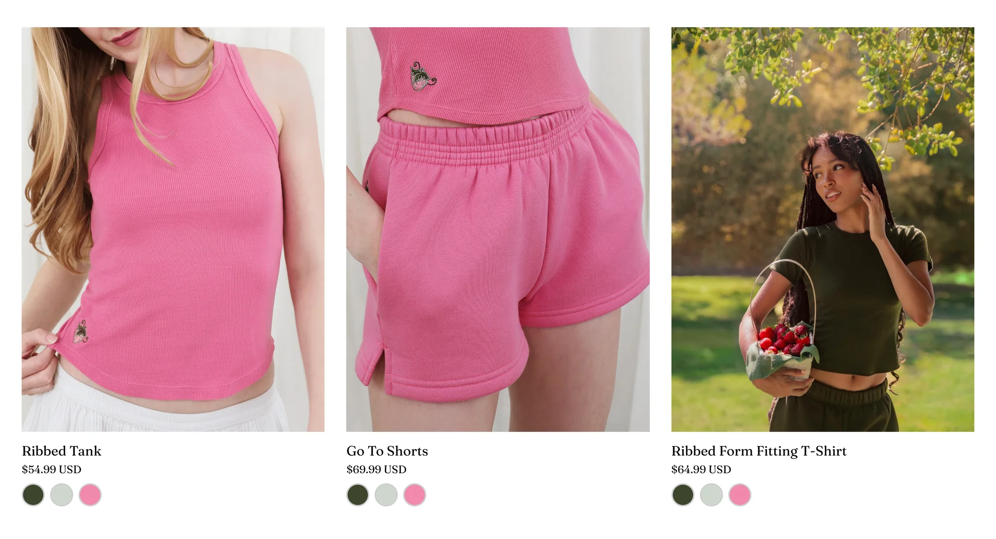 Homepage product grid with the pink Ribbed Tank at $54.99, the pink Go To Shorts at $69.99 and the dark green Ribbed Form Fitting T-Shirt at $64.99, each with dark green, sage and pink colour swatches
