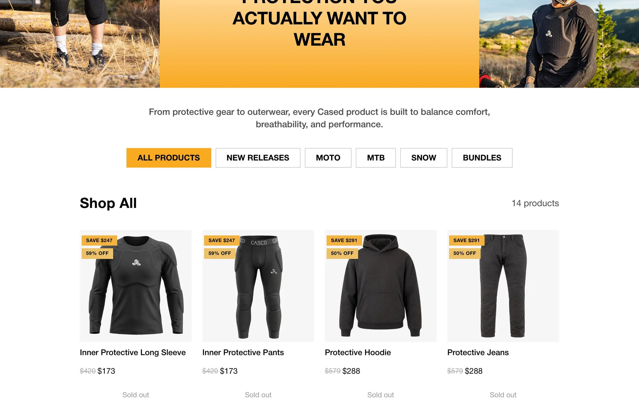 Cased shop-all collection page with filter tabs for new releases, moto, MTB, snow and bundles.