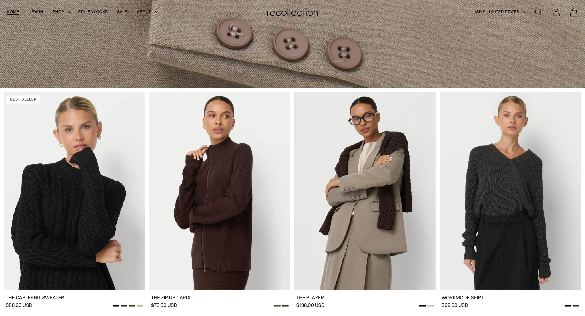 Homepage product row under the campaign hero, with cards for The CableKnit Sweater with a Best seller badge, The Zip Up Cardi, The Blazer in taupe and the WorkMode Skirt, each with its price and small colour swatches