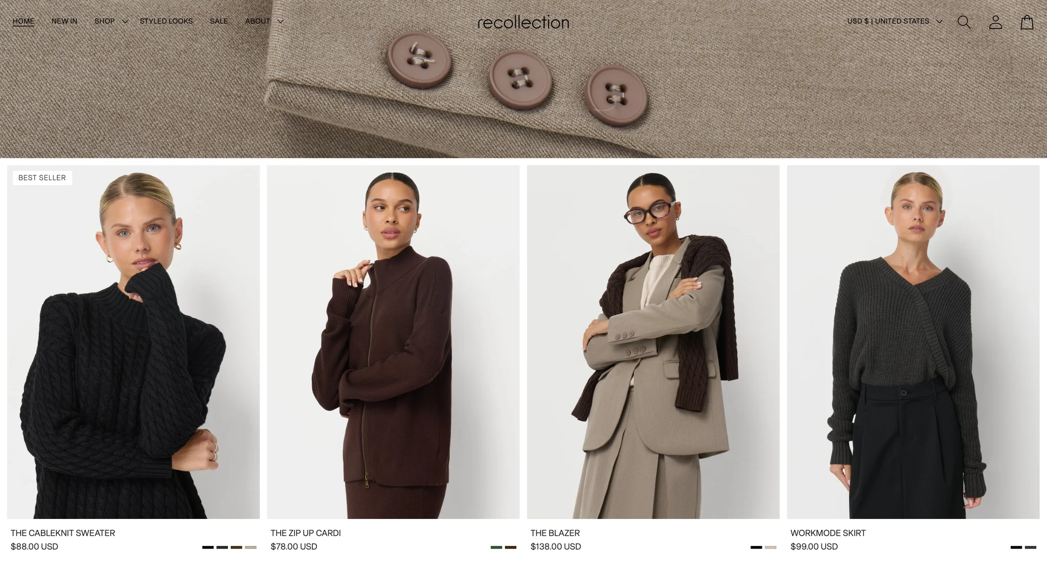 Homepage product row under the campaign hero, with cards for The CableKnit Sweater with a Best seller badge, The Zip Up Cardi, The Blazer in taupe and the WorkMode Skirt, each with its price and small colour swatches
