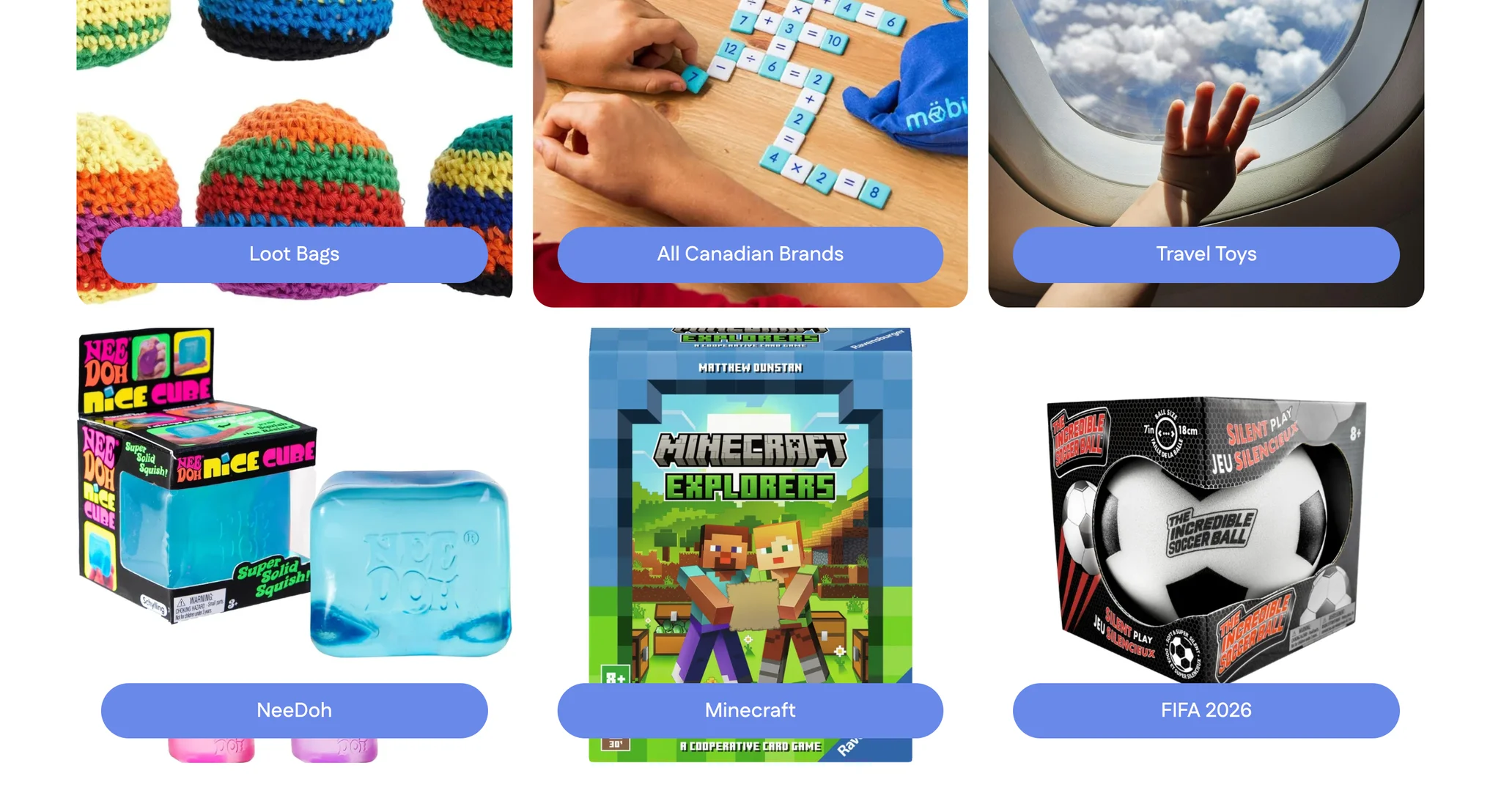 Second row of Featured Collections tiles for NeeDoh, Minecraft and FIFA 2026, with a NeeDoh Nice Cube box, a Minecraft Explorers card game and a boxed Incredible Soccer Ball, below the first row of tiles