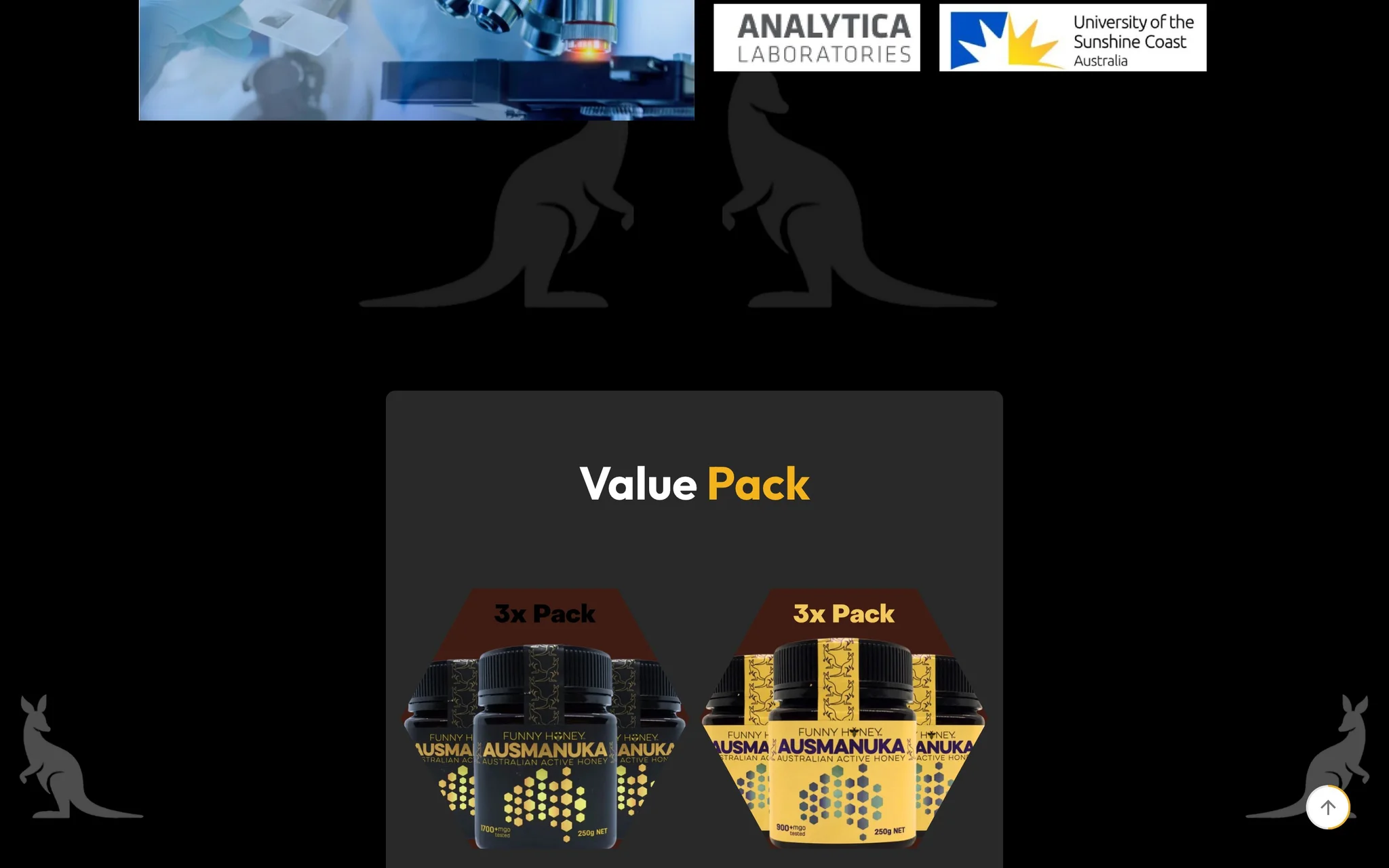 Ausmanuka lab verification logos from Analytica Laboratories and the University of the Sunshine Coast above the 3x Value Pack offers.