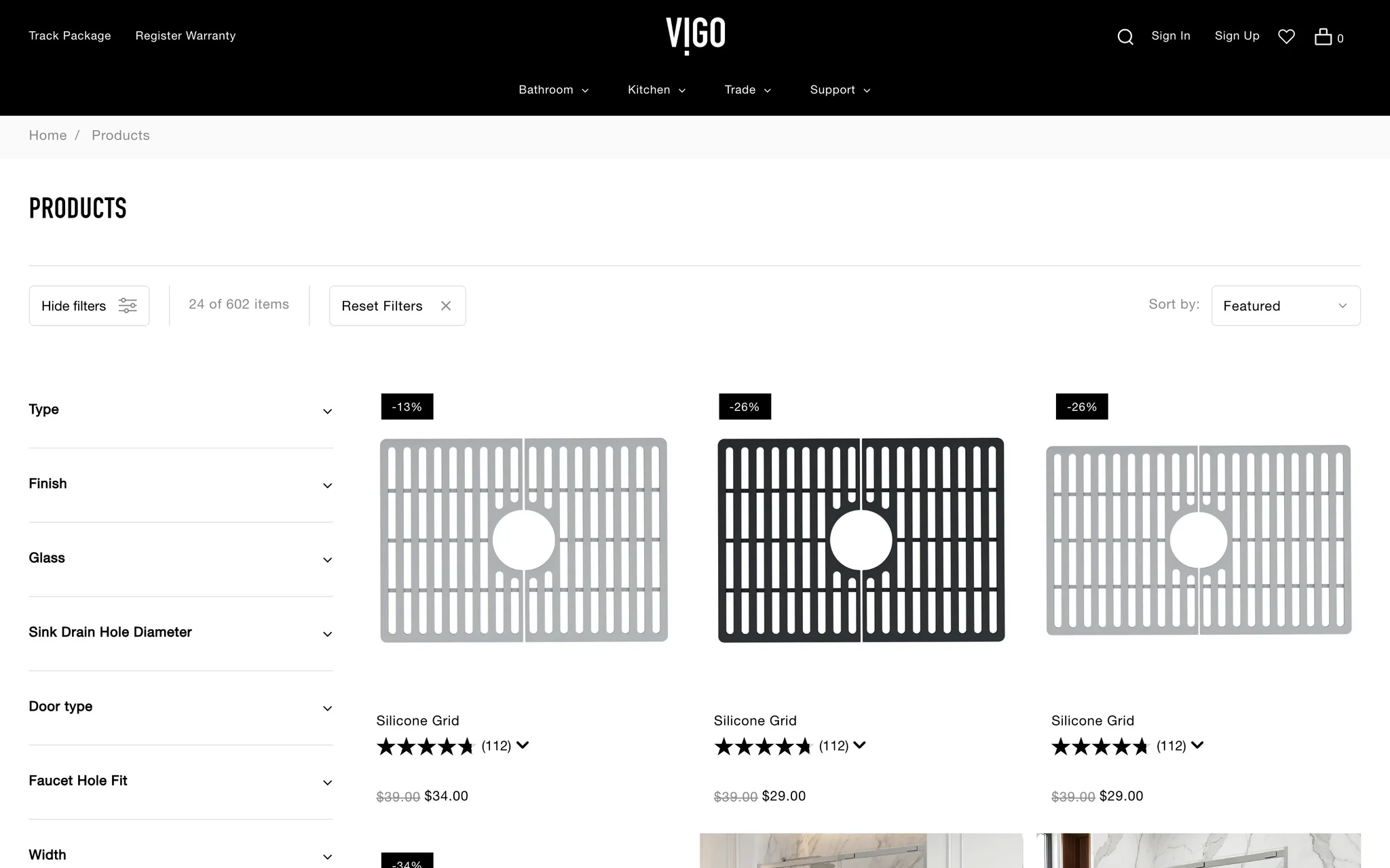 VIGO all-products listing page with filters for type, finish, glass, sink drain hole diameter, door type and faucet hole fit.