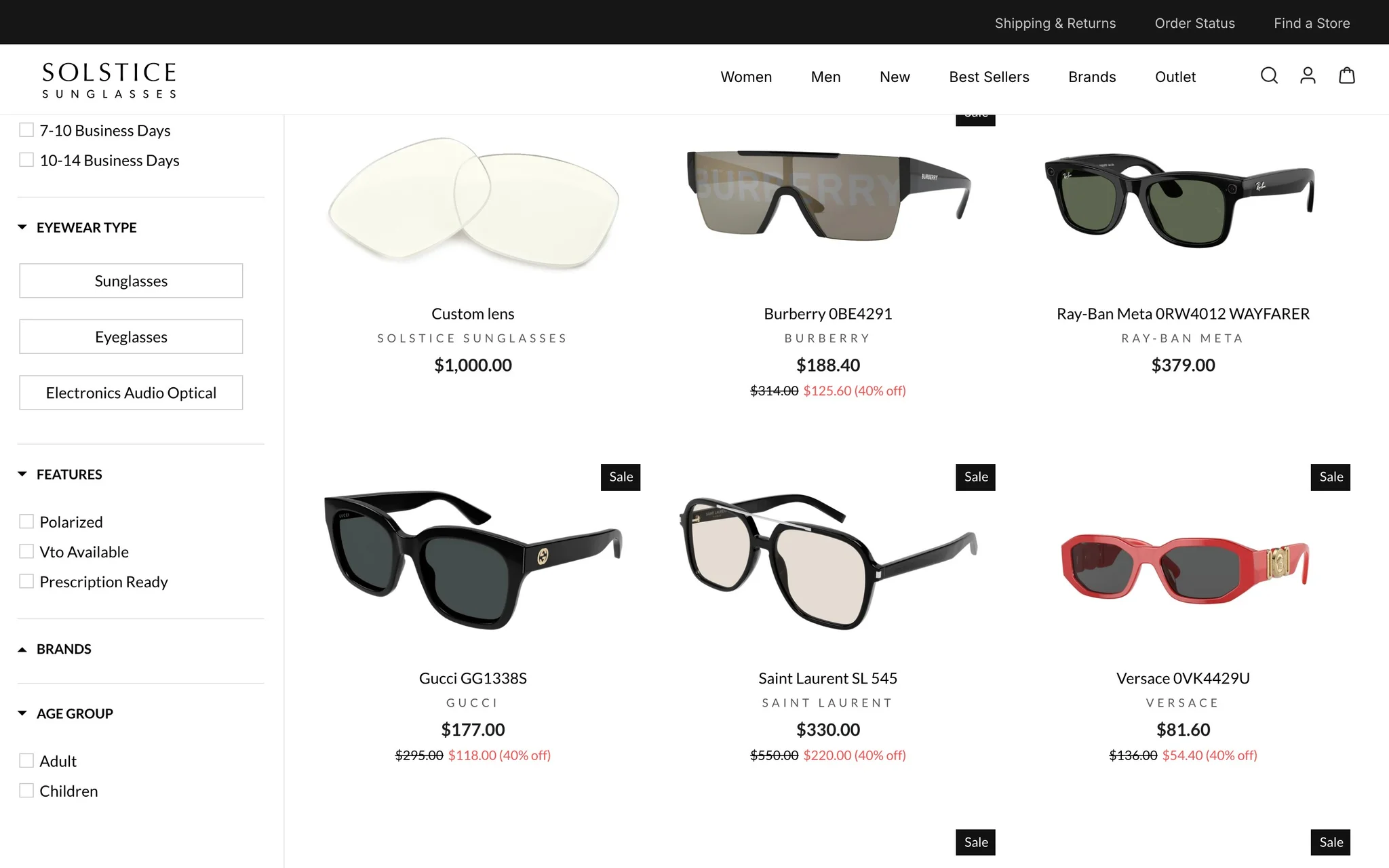 Solstice Sunglasses catalogue page with a filter sidebar for eyewear type, features and age group beside a product grid.