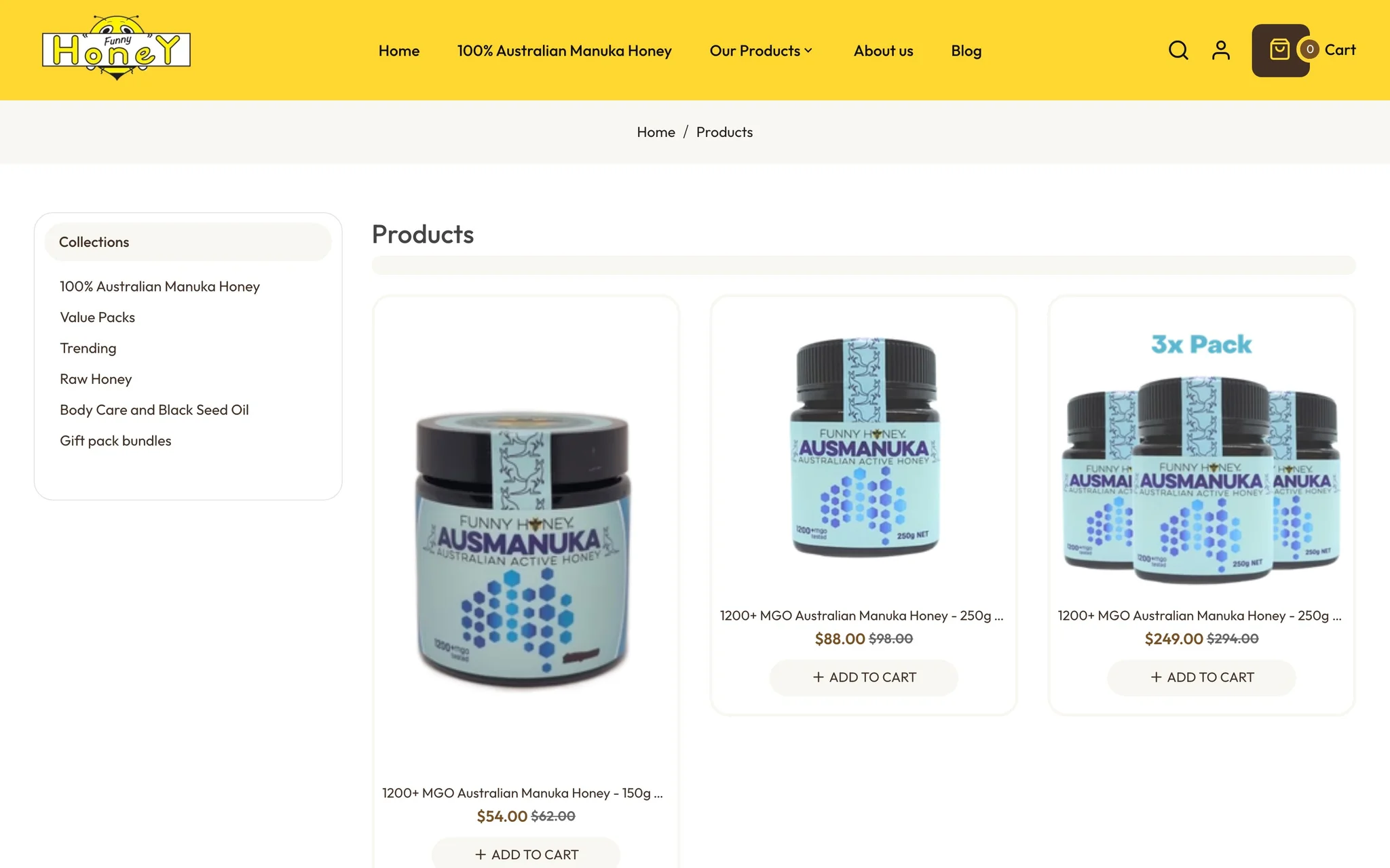 Funny Honey products collection with a sidebar listing Value Packs, Raw Honey, Body Care and Black Seed Oil and Gift pack bundles next to 1200+ MGO Manuka products with sale prices.