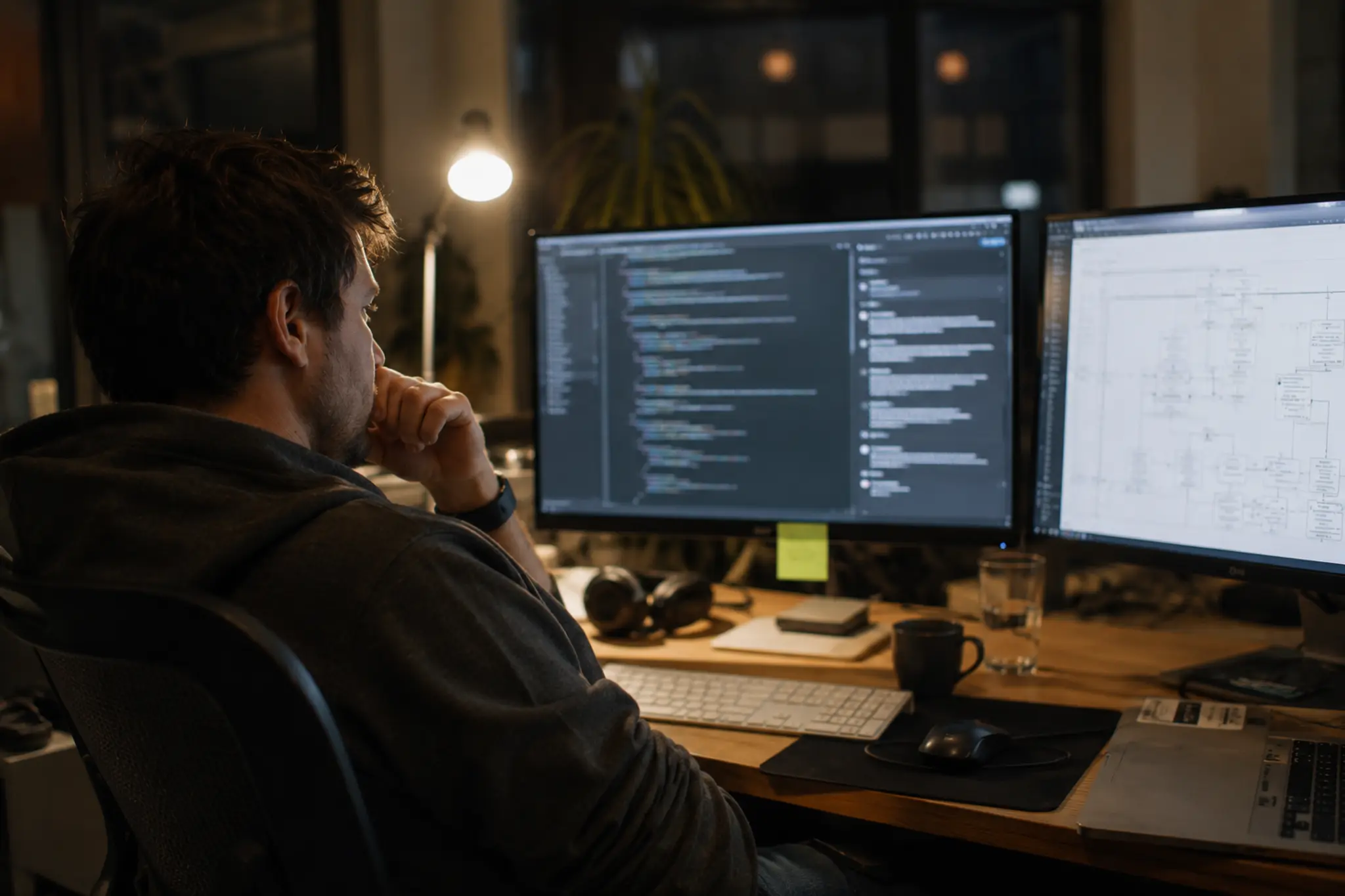AI generating application code while a developer reviews the architecture