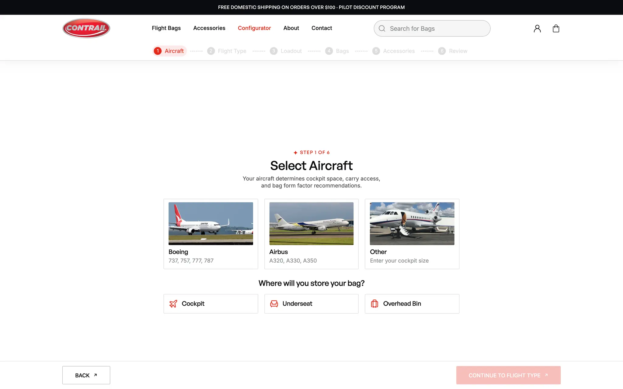 Step 1 of the Contrail flight bag configurator: choosing a Boeing, Airbus or other aircraft and storing the bag in the cockpit, underseat or overhead bin.