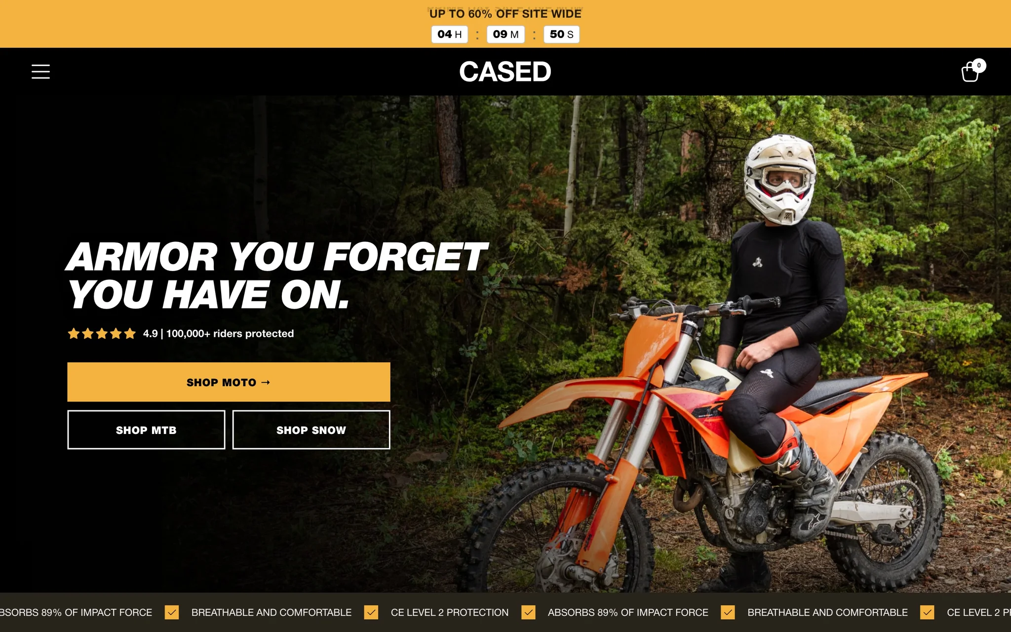 Cased homepage hero with a dirt-bike rider in protective base layers and Shop Moto, MTB and Snow buttons.