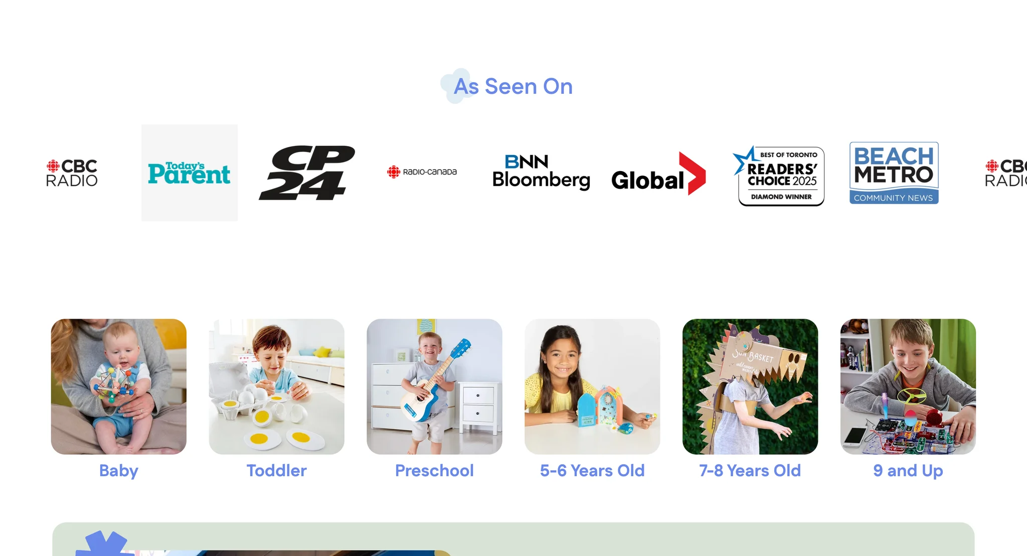 As Seen On logo strip with CBC Radio, Today's Parent, CP24, Radio-Canada, BNN Bloomberg, Global, a Readers' Choice 2025 badge and Beach Metro Community News, above six rounded photo tiles for Baby, Toddler, Preschool, 5-6 Years Old, 7-8 Years Old and 9 and Up