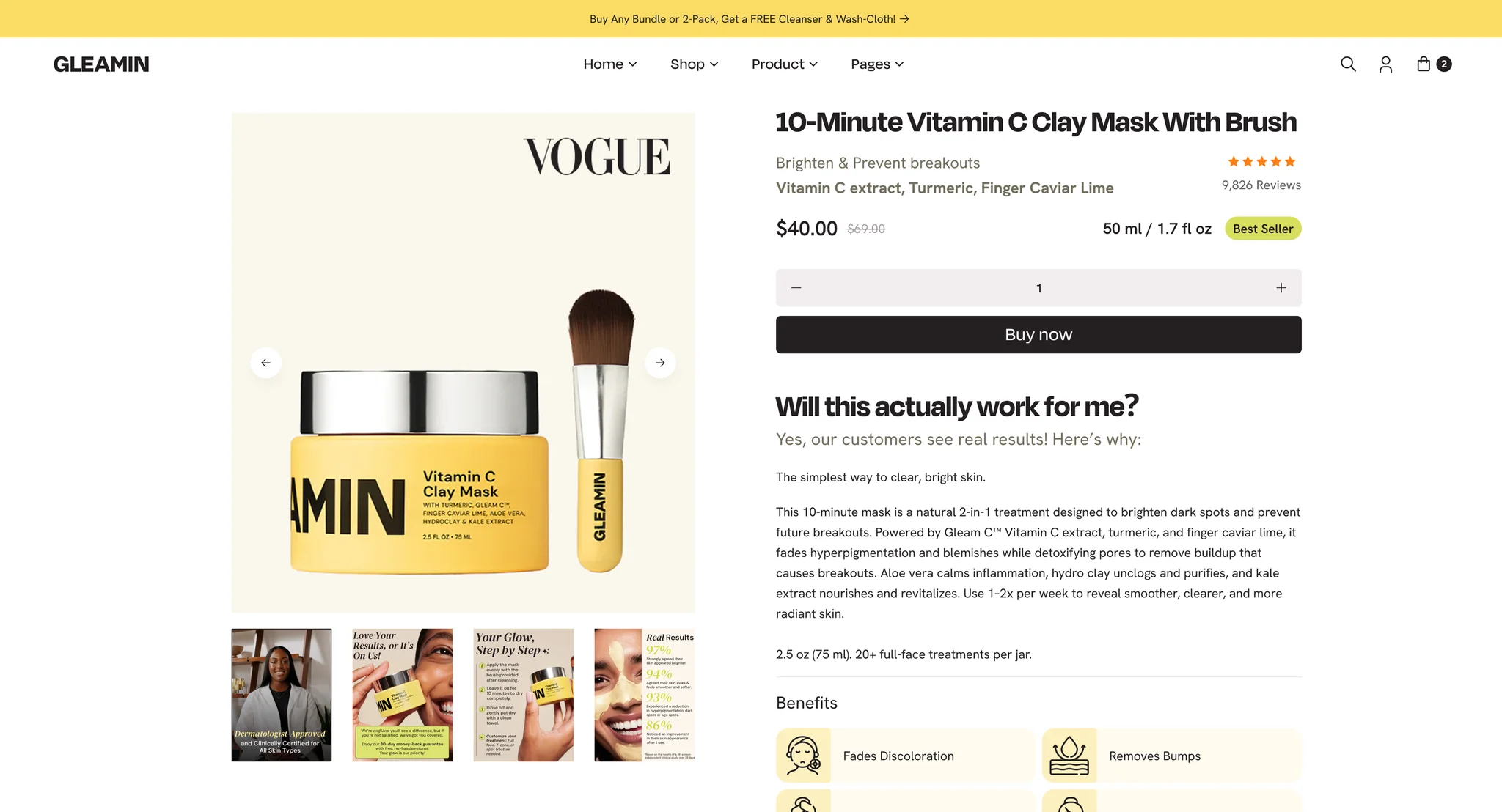 Redesigned product page for the 10-Minute Vitamin C Clay Mask With Brush: image gallery, rating, price, Buy now button, "Will this actually work for me?" copy and benefit icons
