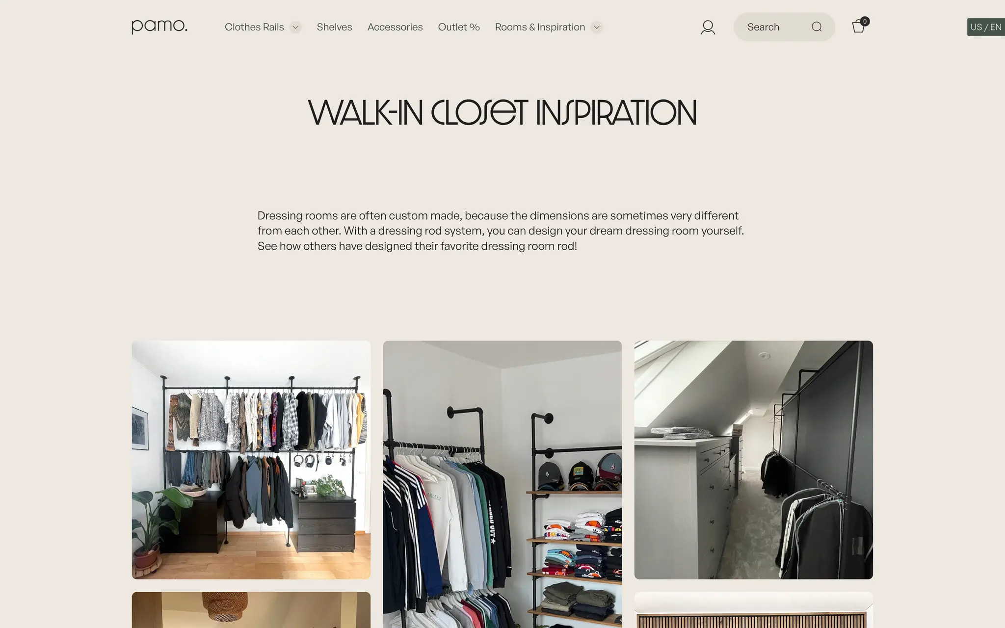pamo. Walk-In Closet Inspiration page showing a grid of customer dressing rooms built from the brand’s modular pipe rail system.