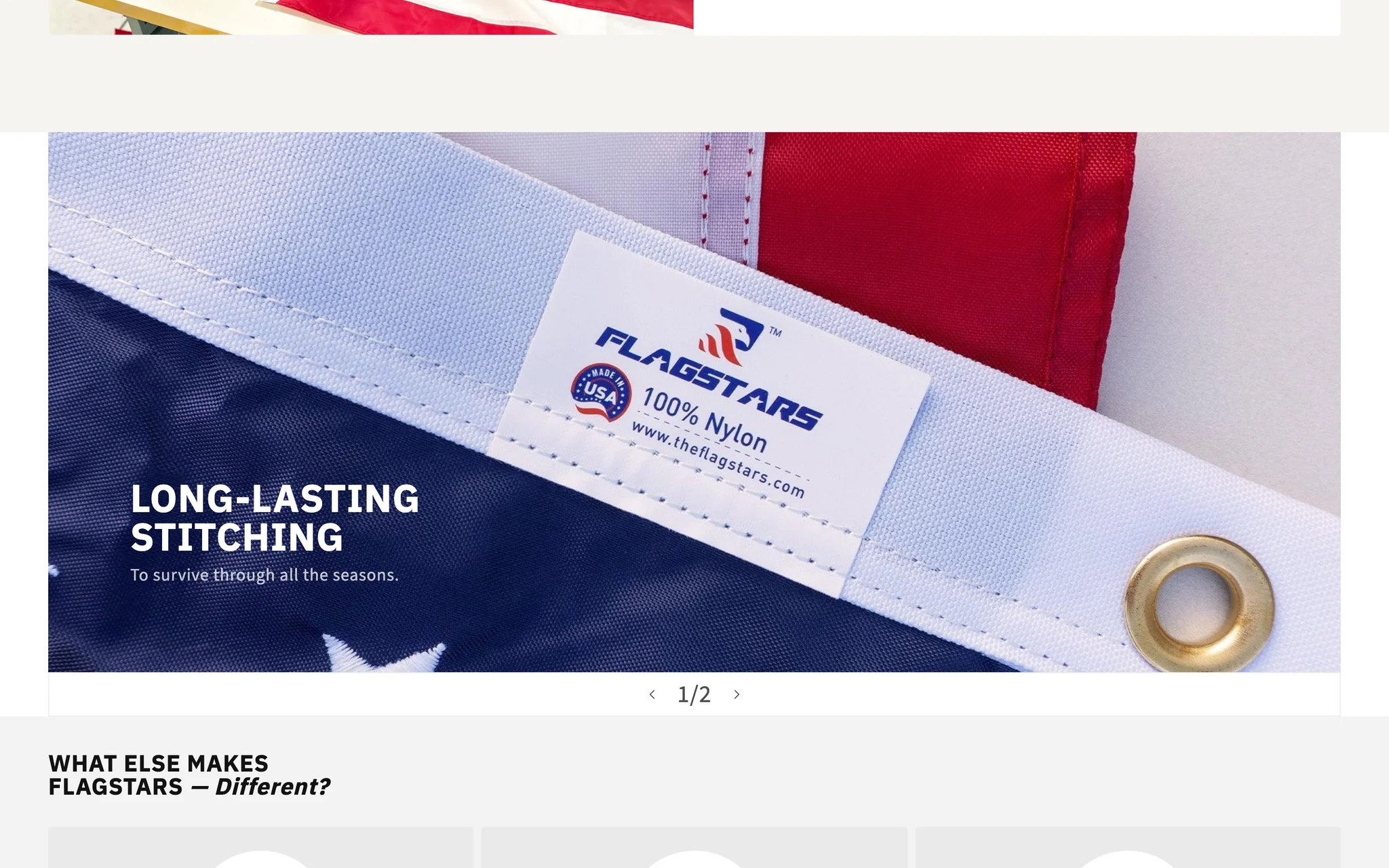 FlagStars homepage slideshow showing a close-up of the 100% nylon Made in USA flag label and grommet.