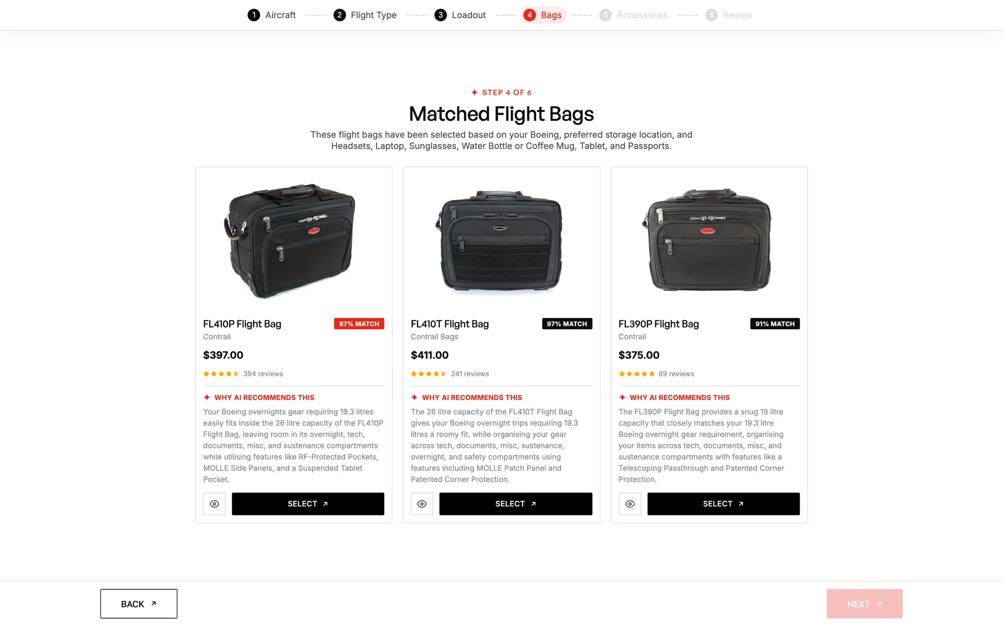 Step 4 of the configurator, "Matched Flight Bags": the FL410P, FL410T and FL390P, each with a match percentage and an explanation of why it fits.