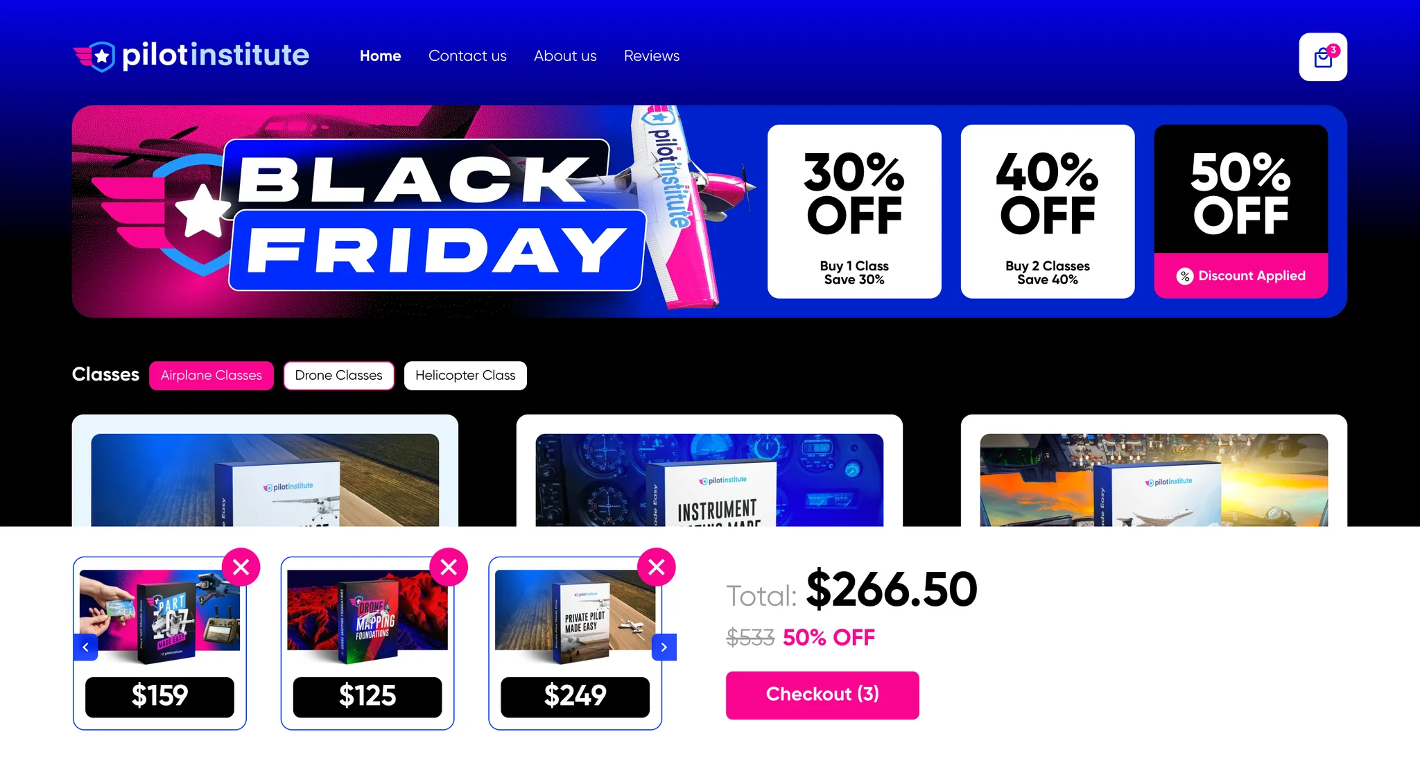 Three classes in the cart with the Airplane tab open: the banner art switches to an airplane and the 50% tier is active, total $266.50 down from $533