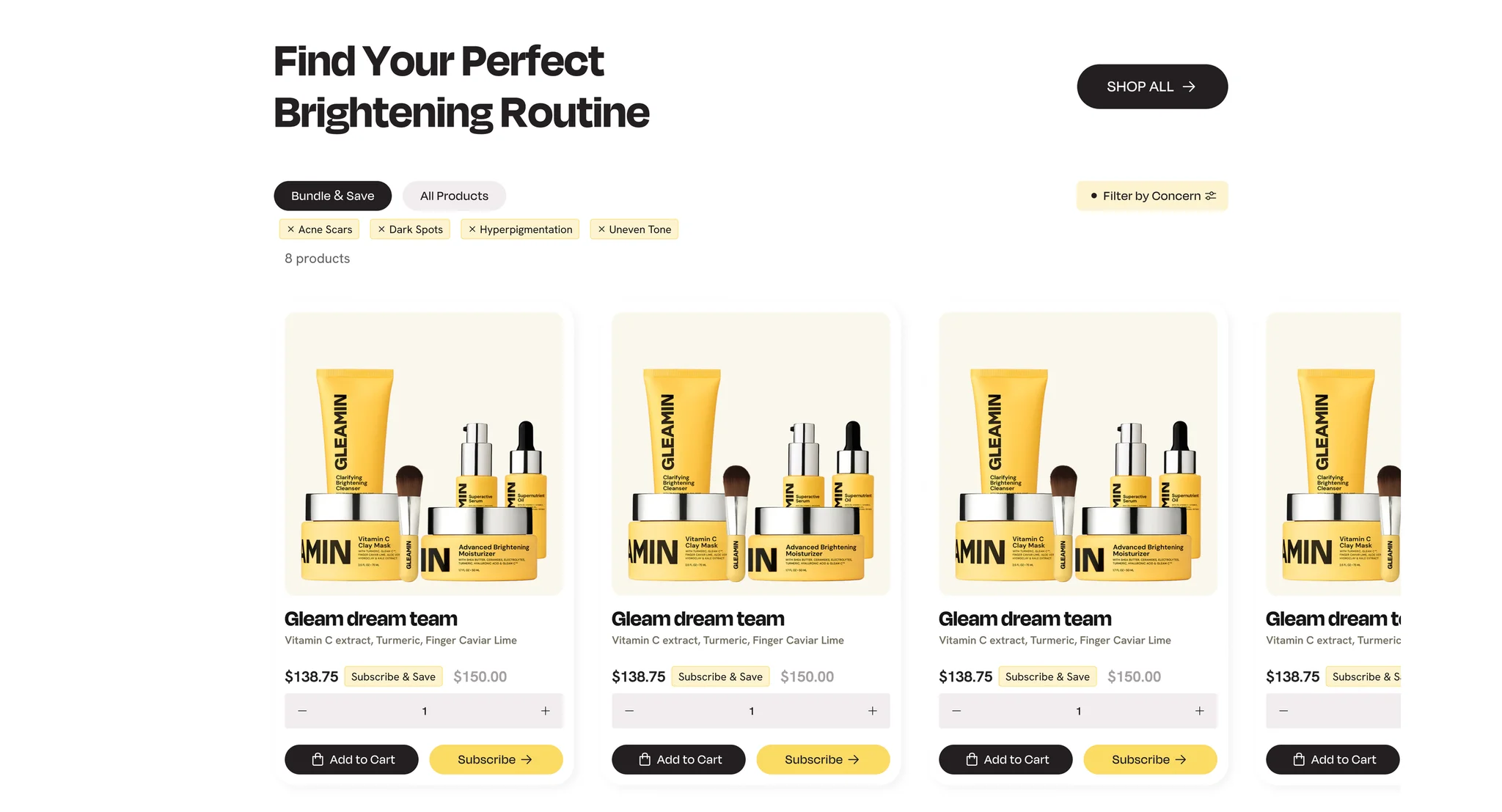 "Find Your Perfect Brightening Routine" product grid with Bundle & Save and All Products tabs, skin concern filters and Add to Cart and Subscribe buttons on every card