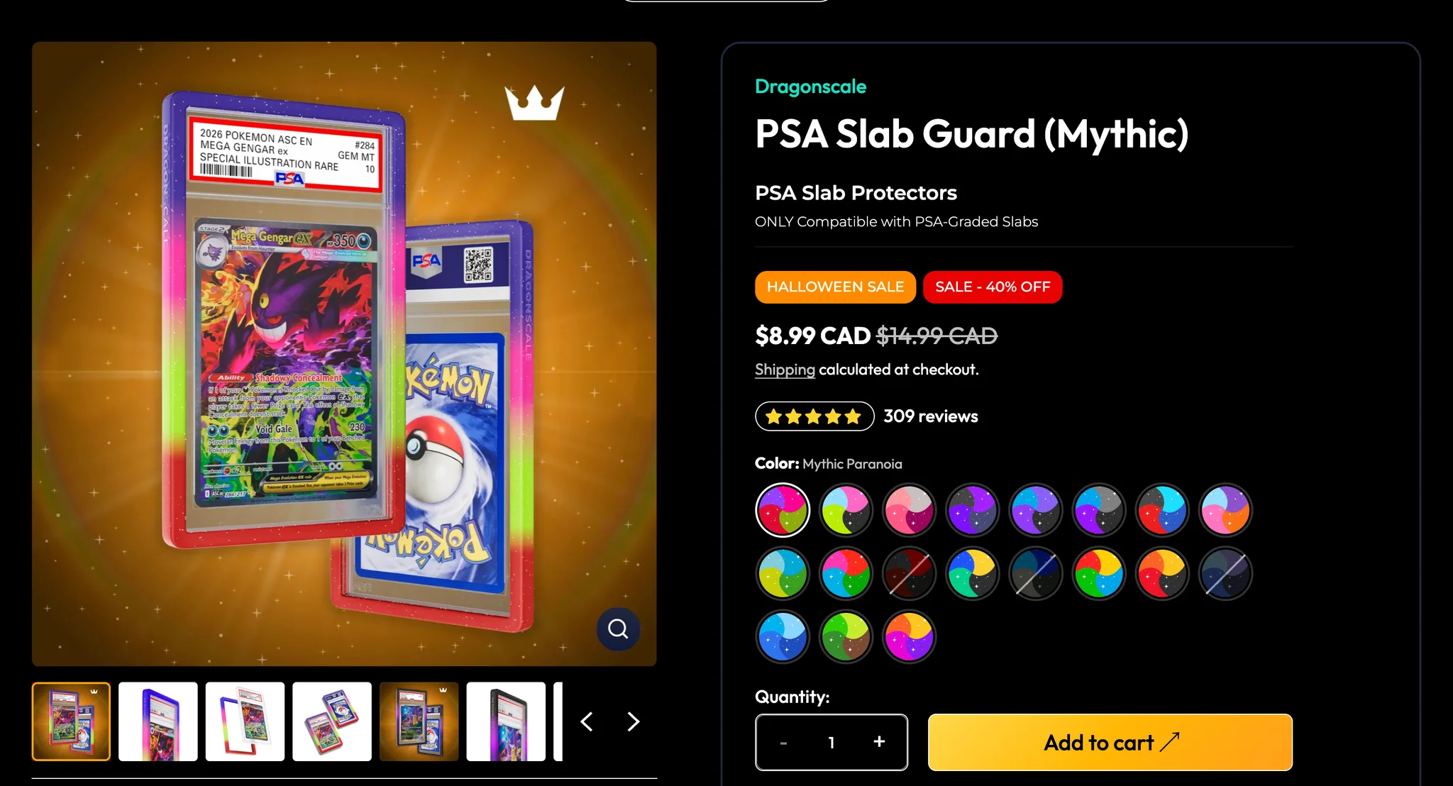 PSA Slab Guard (Mythic) product page: the Mythic Paranoia guard on a PSA 10 Mega Gengar ex slab against an orange starfield, Halloween Sale and 40% off badges, $8.99 CAD against $14.99, 309 reviews, 19 colourway swatches and a yellow Add to cart button