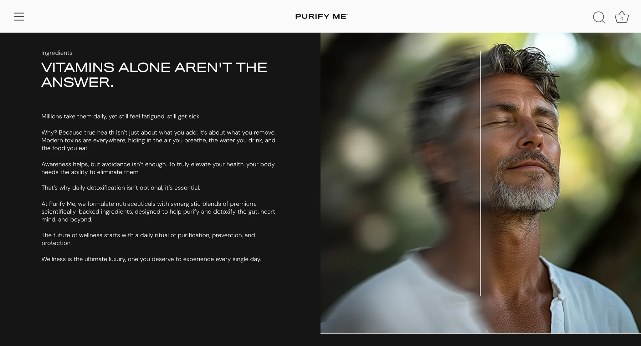"Vitamins alone aren't the answer" text block beside a portrait of a man with his eyes closed in sunlight