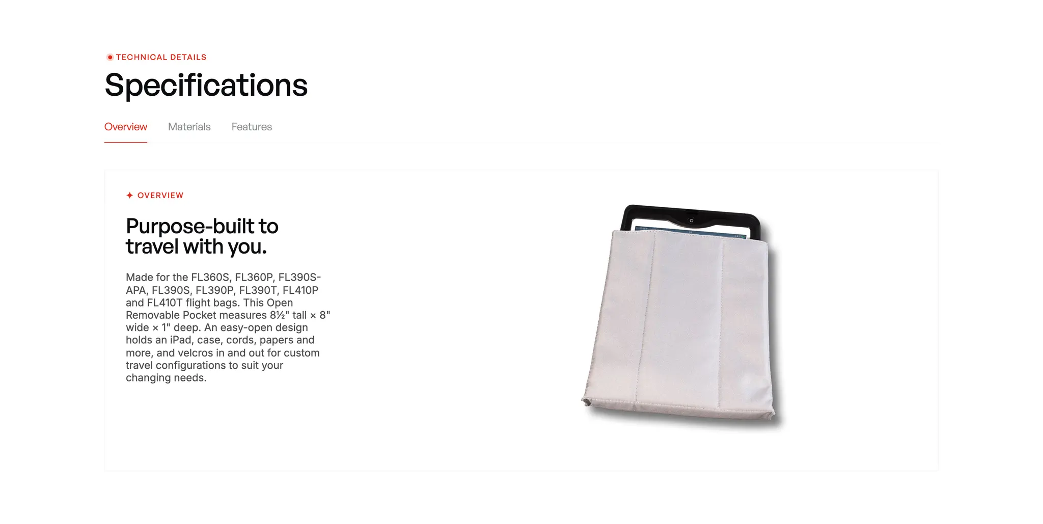 Specifications section on a Contrail product page with tabs for overview, materials and features.