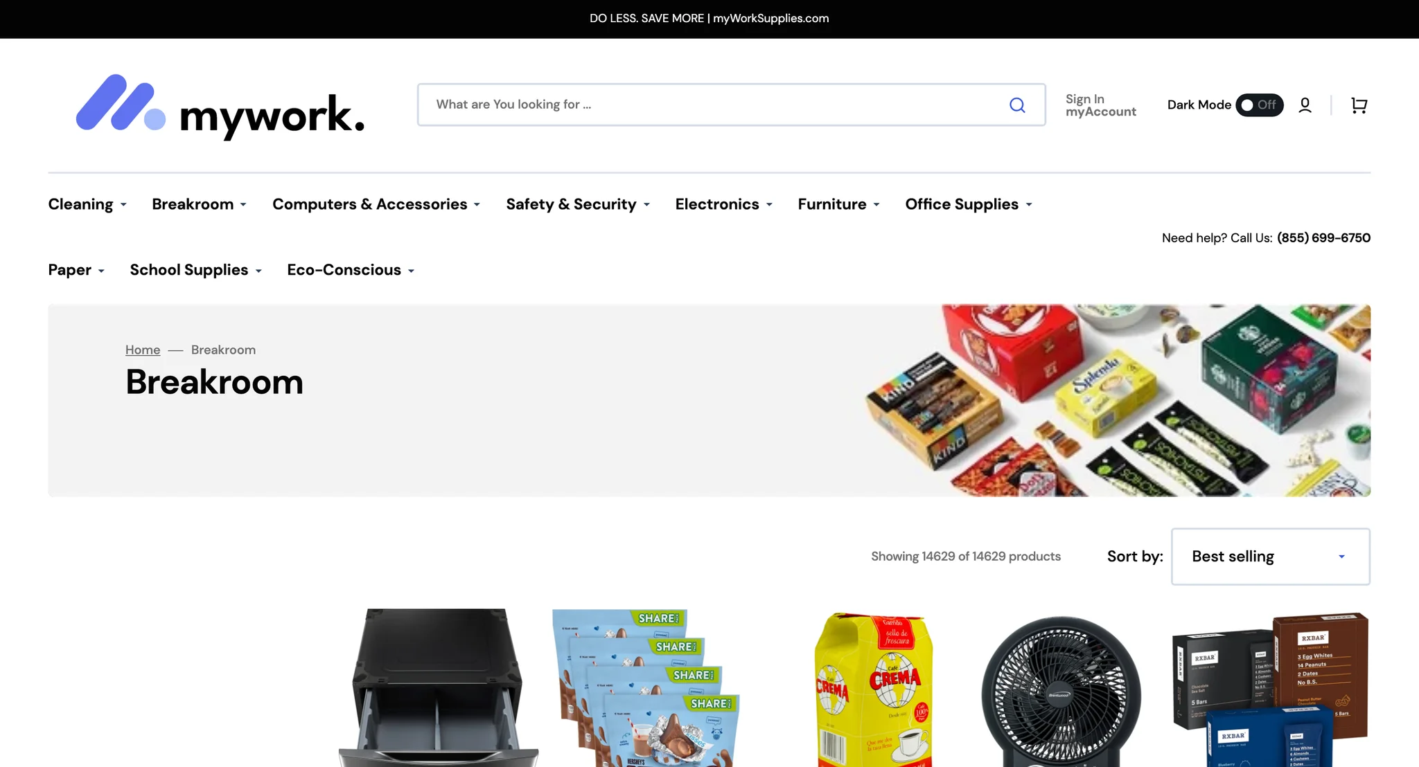 Breakroom collection page with a banner of snacks and coffee, a product count and sort menu, and the first row of products