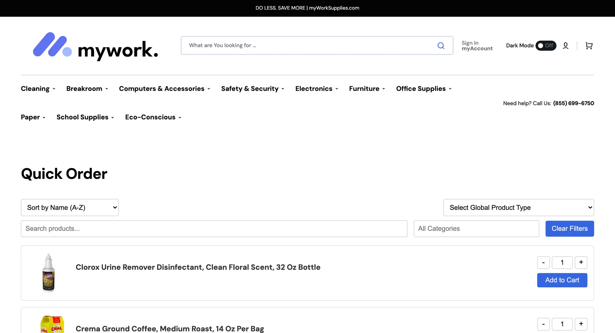 Quick Order page with sort by name or price, a global product type select, product search, a category picker and a clear filters button above the product list
