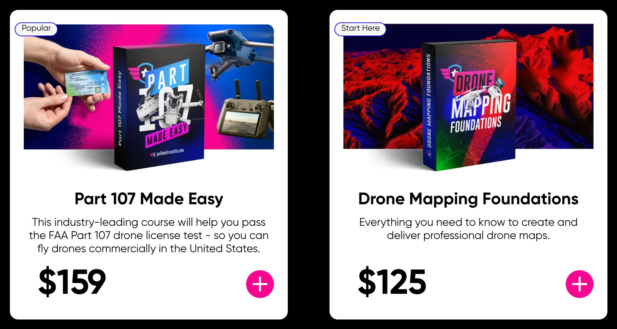 Part 107 Made Easy card with a Popular label and Drone Mapping Foundations card with a Start Here label, each with a price and a pink add button