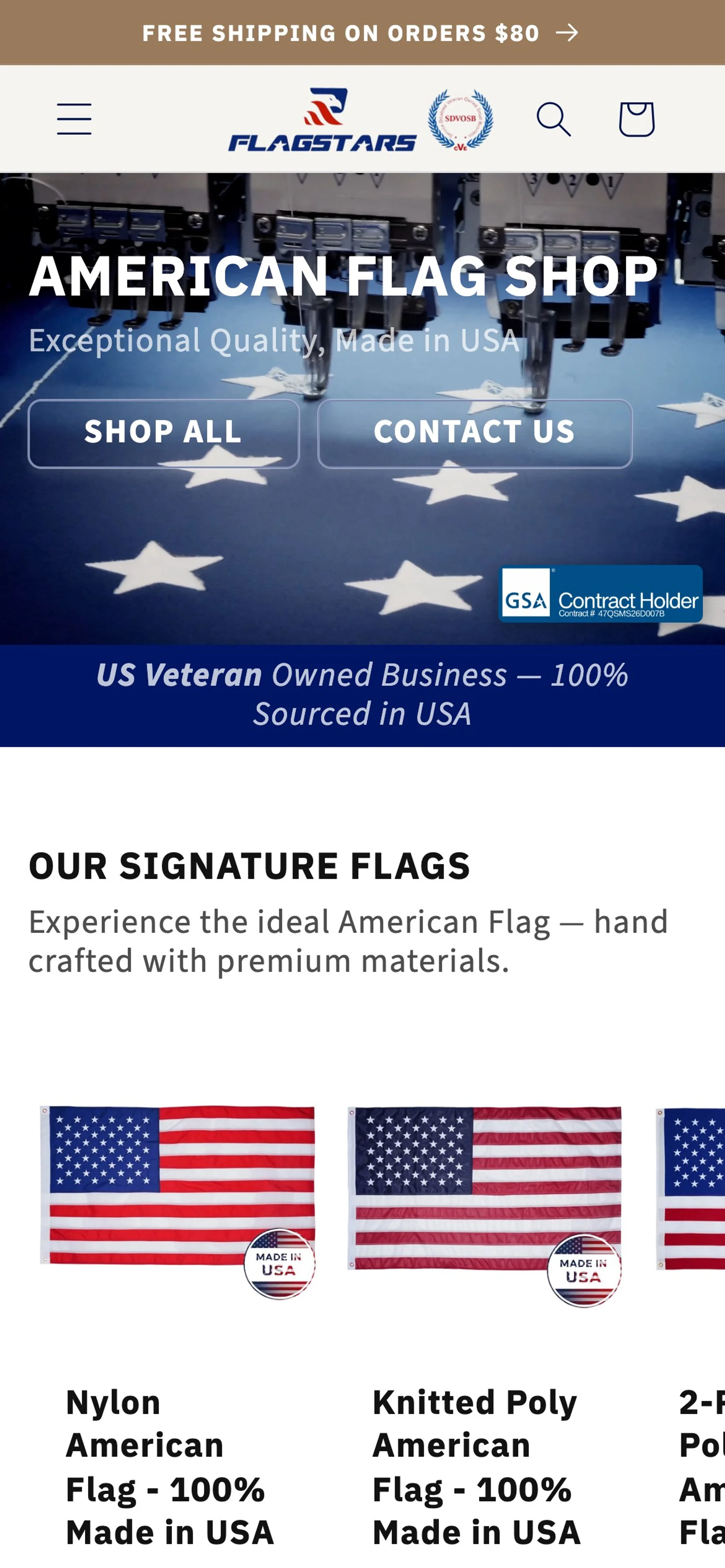 FlagStars mobile homepage with the hero, veteran-owned banner and the Our Signature Flags product carousel.
