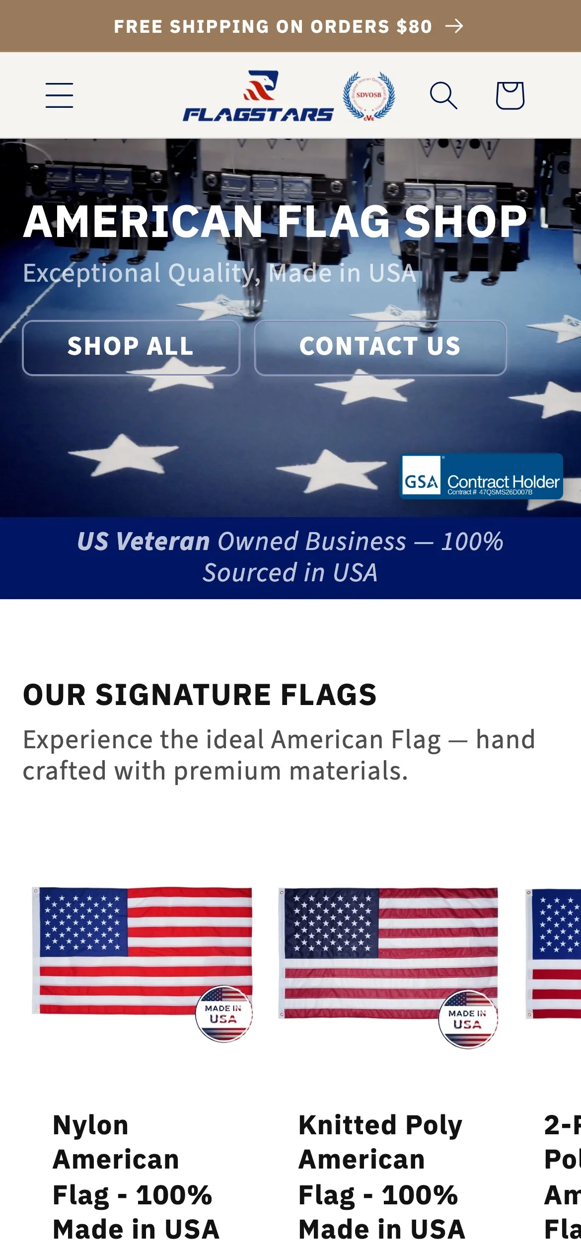 FlagStars mobile homepage with the hero, veteran-owned banner and the Our Signature Flags product carousel.