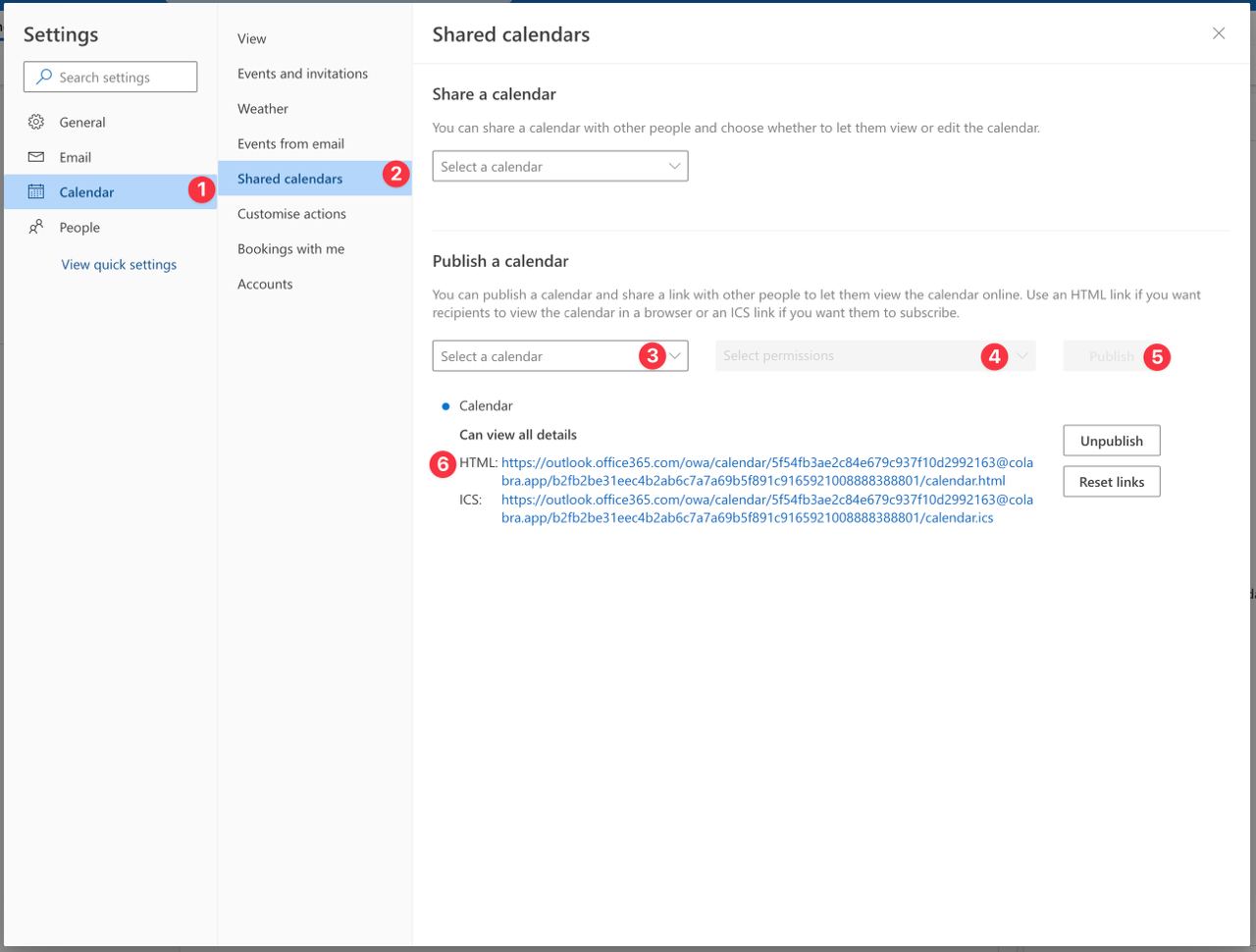 Publishing an Outlook Calendar embed link