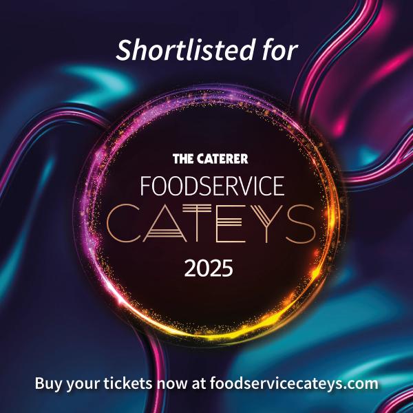 Logo for a catering award, saying shortlisted for Foodservice Cateys 2025