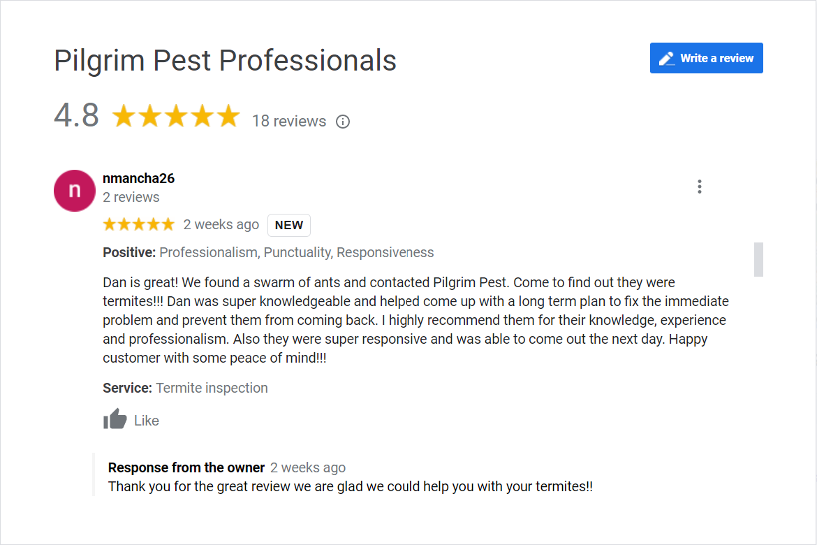Pilgrim Pest Professionals has many 5-star reviews for affordable pest control services.