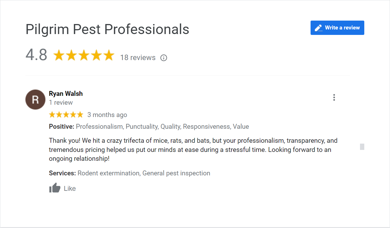 Pilgrim Pest Professionals has many 5-star reviews for residential and commercial wildlife control.
