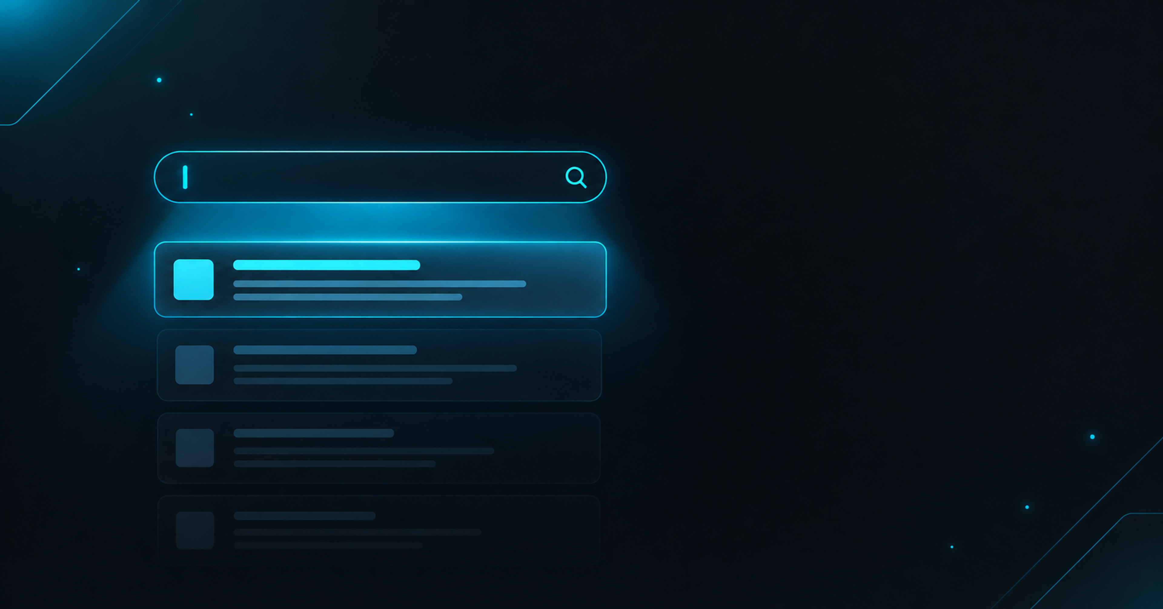 A dark illustration of a search bar with a glowing cyan cursor above a single clear result, symbolising a business being found by its own name.