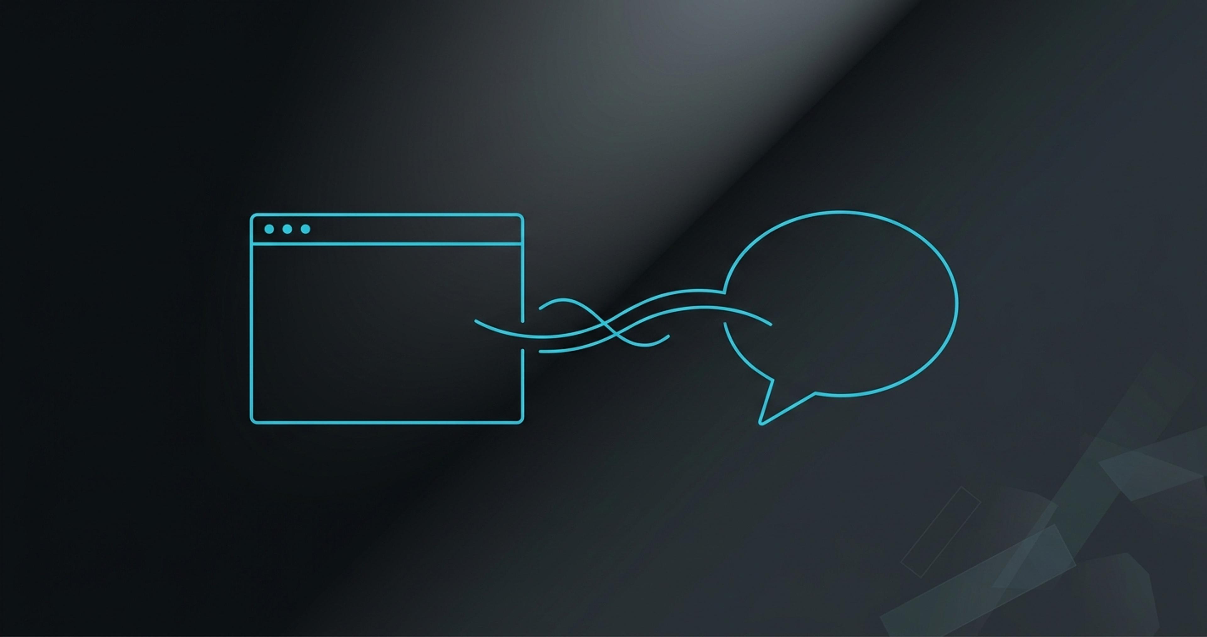 Minimalist illustration of a browser window connected to a speech bubble by a flowing line, in dark charcoal and cyan tones, symbolizing a website as a conversation rather than a brochure.