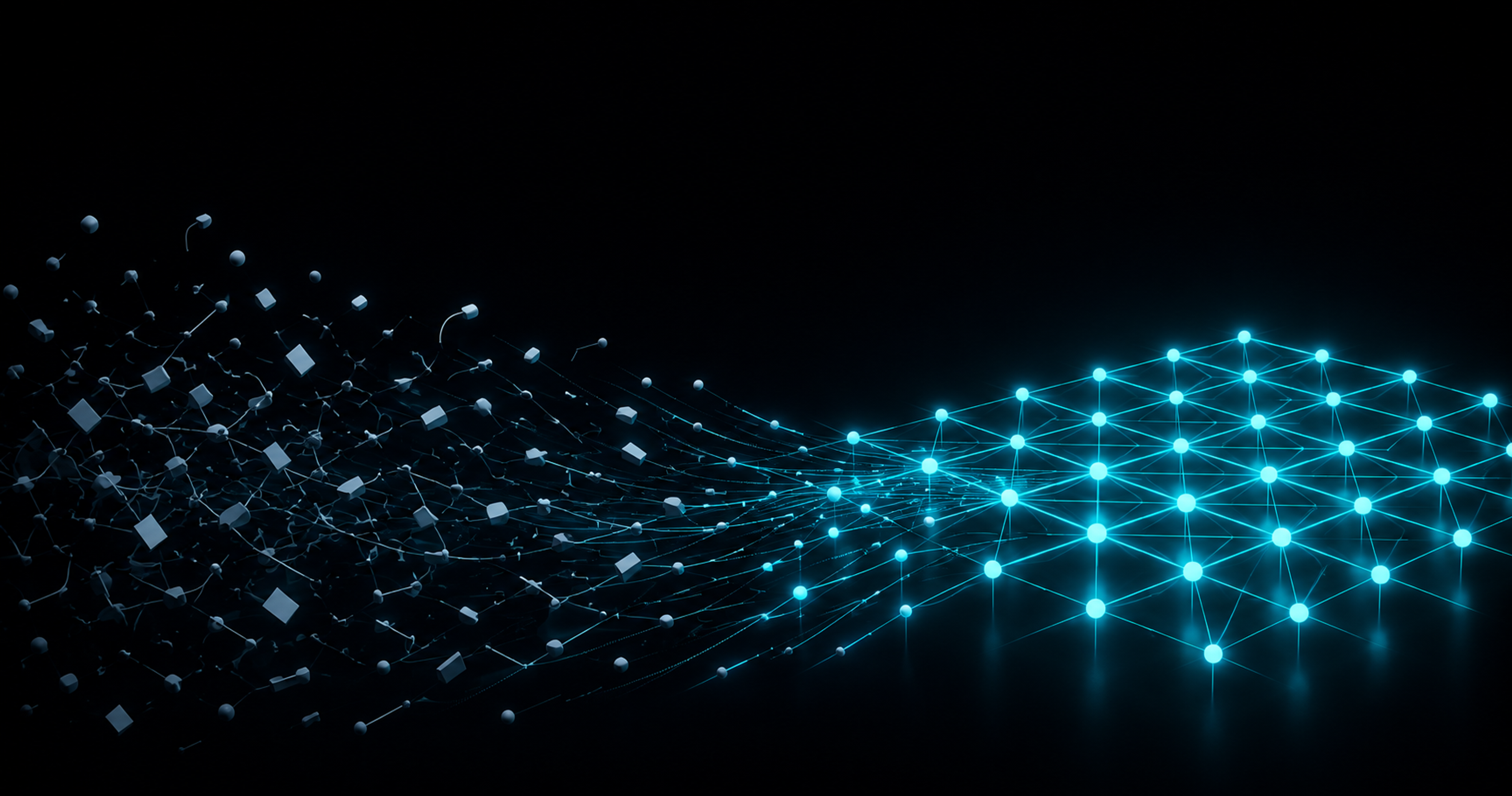 Scattered, disconnected data fragments on the left resolving into a single clean, organized cyan lattice on the right, on a dark background.