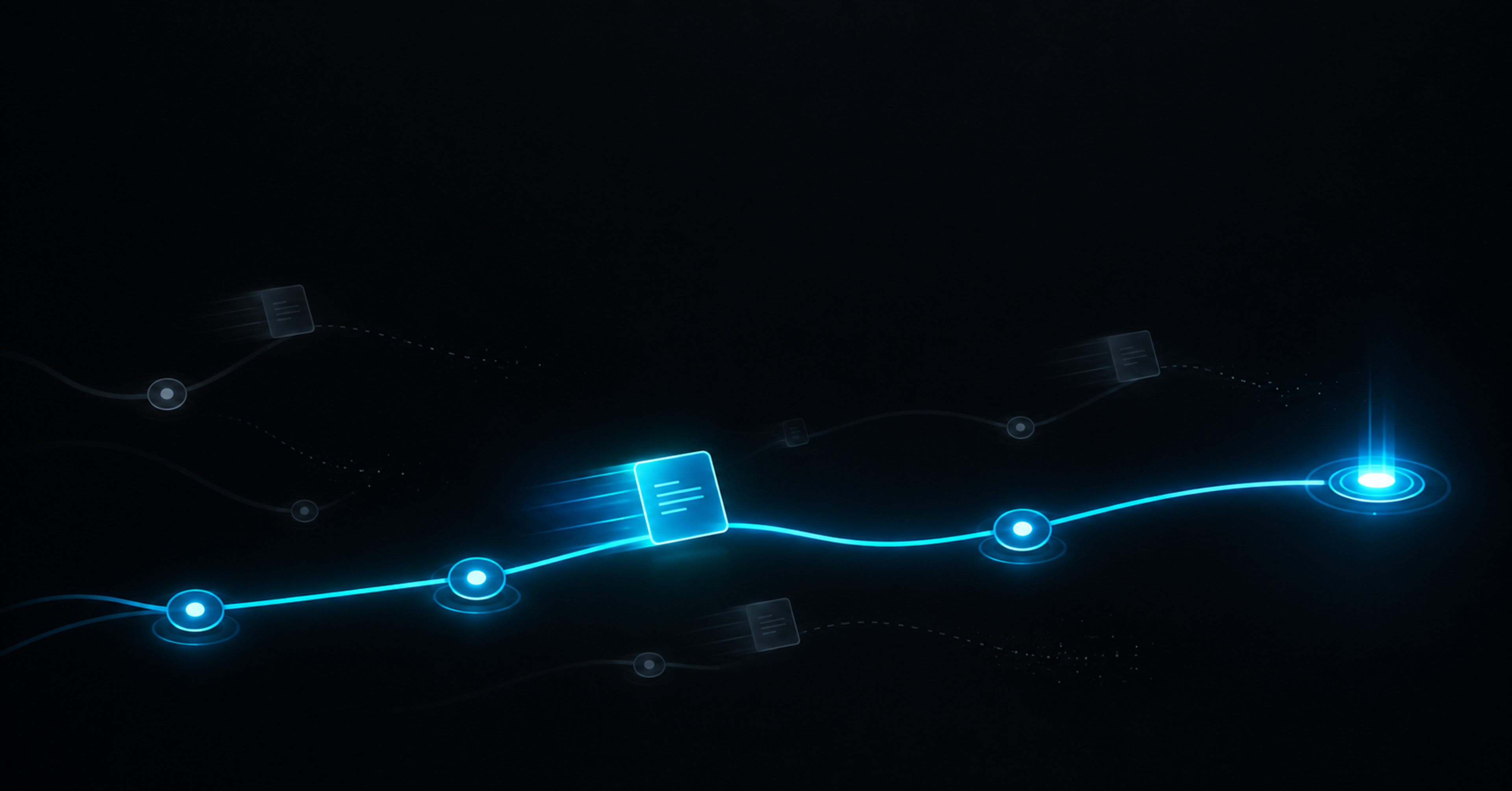 A glowing signal moving through connected checkpoint nodes to a bright endpoint, while faint background signals dissolve into nothing, on a dark background.
