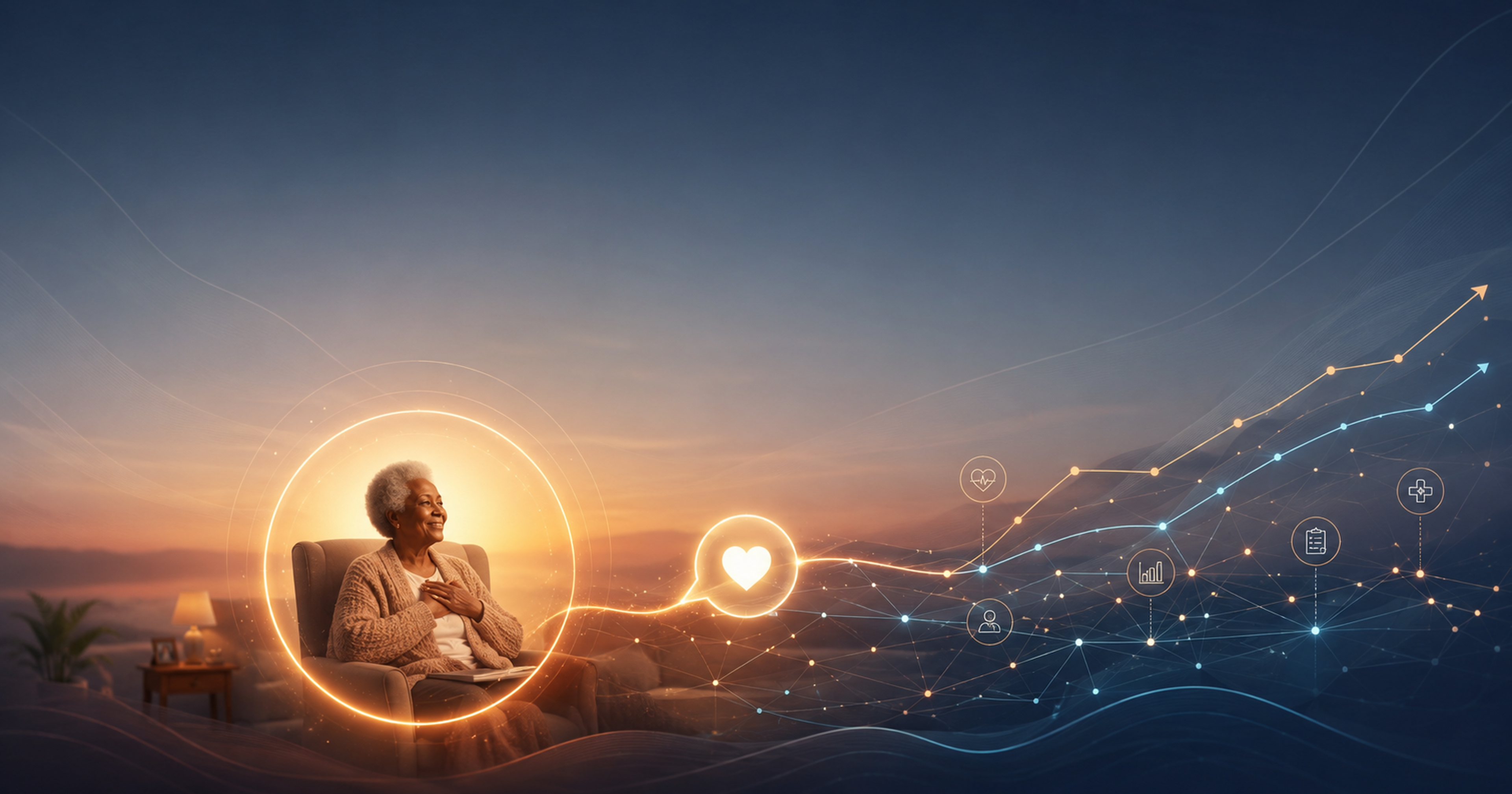A warm point of light representing an elderly person's wellbeing, connected by glowing blue pathways to structured data nodes and rising health-trend lines on a dark background.