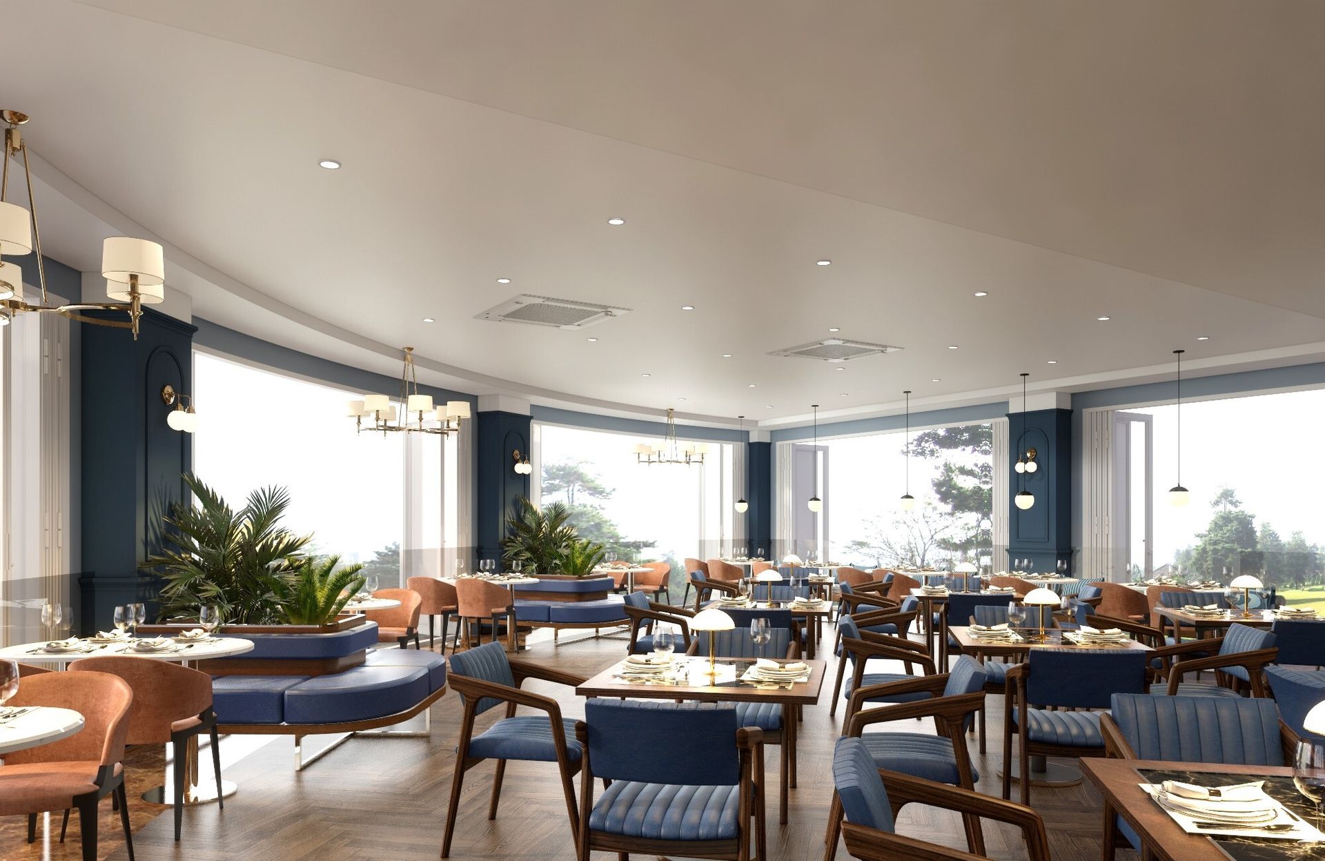 A restaurant interior with bespoke furniture, designed and built by PM:AG