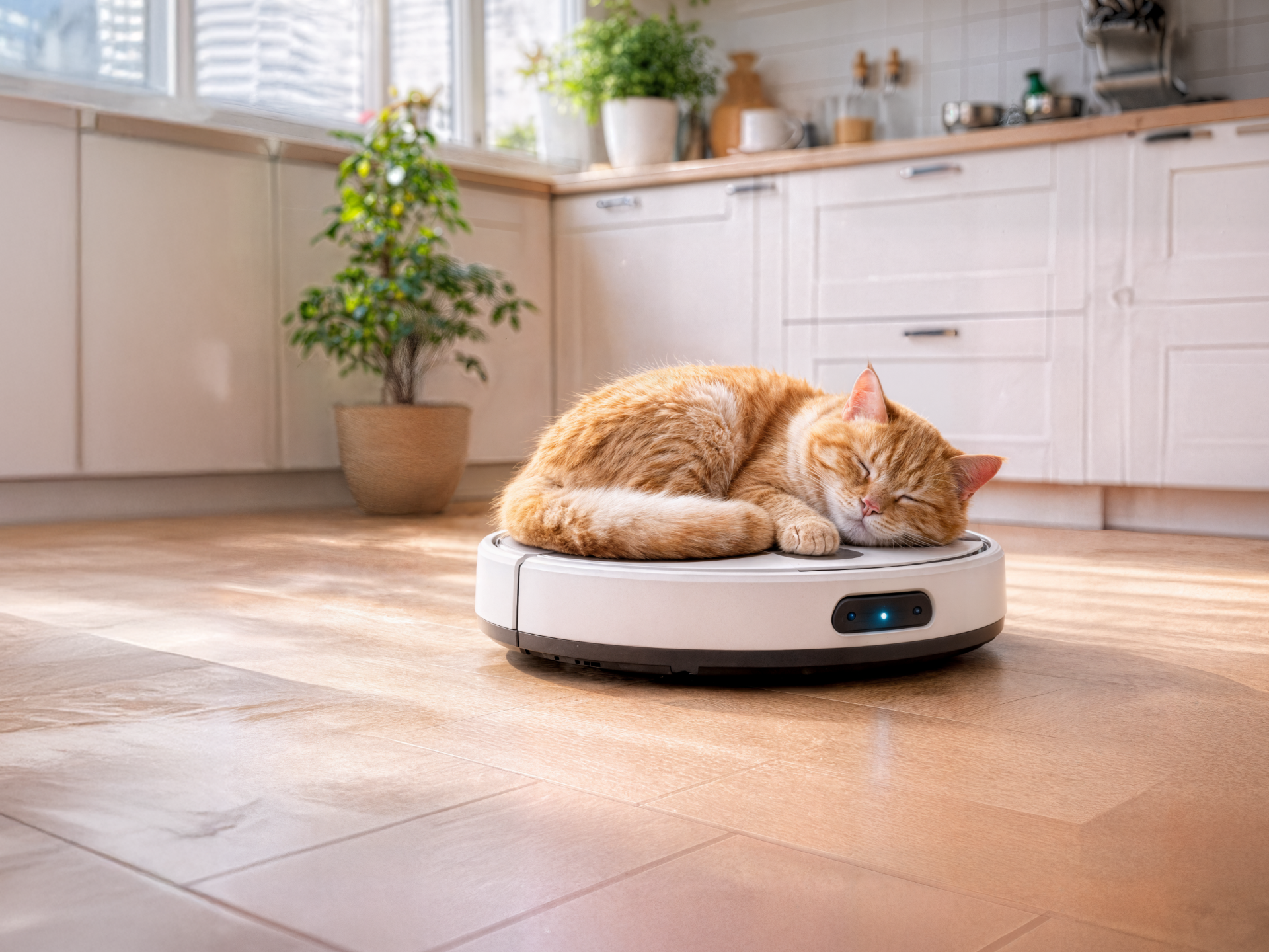 Kat slaapt vredig op een robotstofzuiger in een witte keuken met lichtbruine vloer.