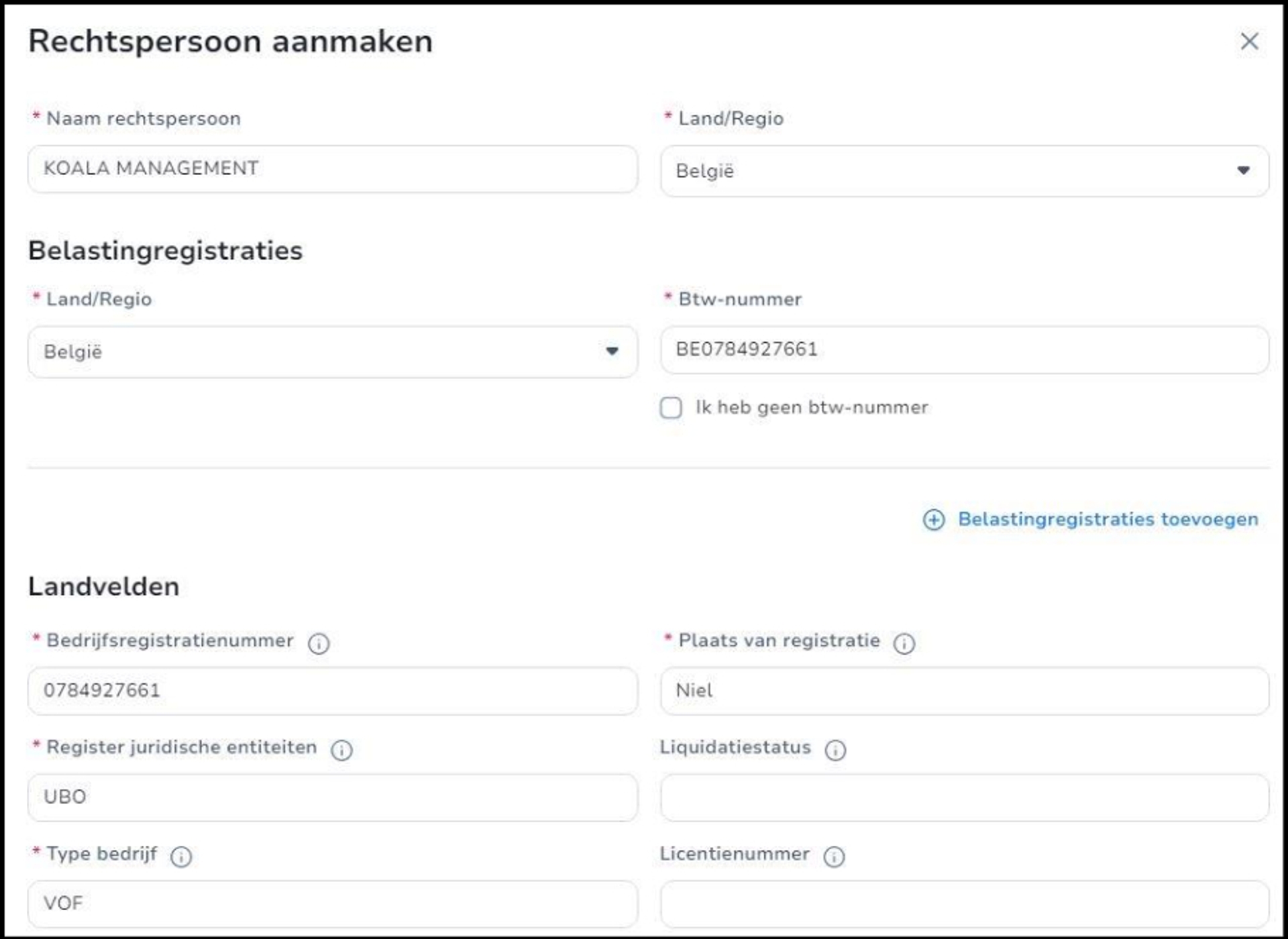 Screenshot Coupa - rechtspersoon aanmaken