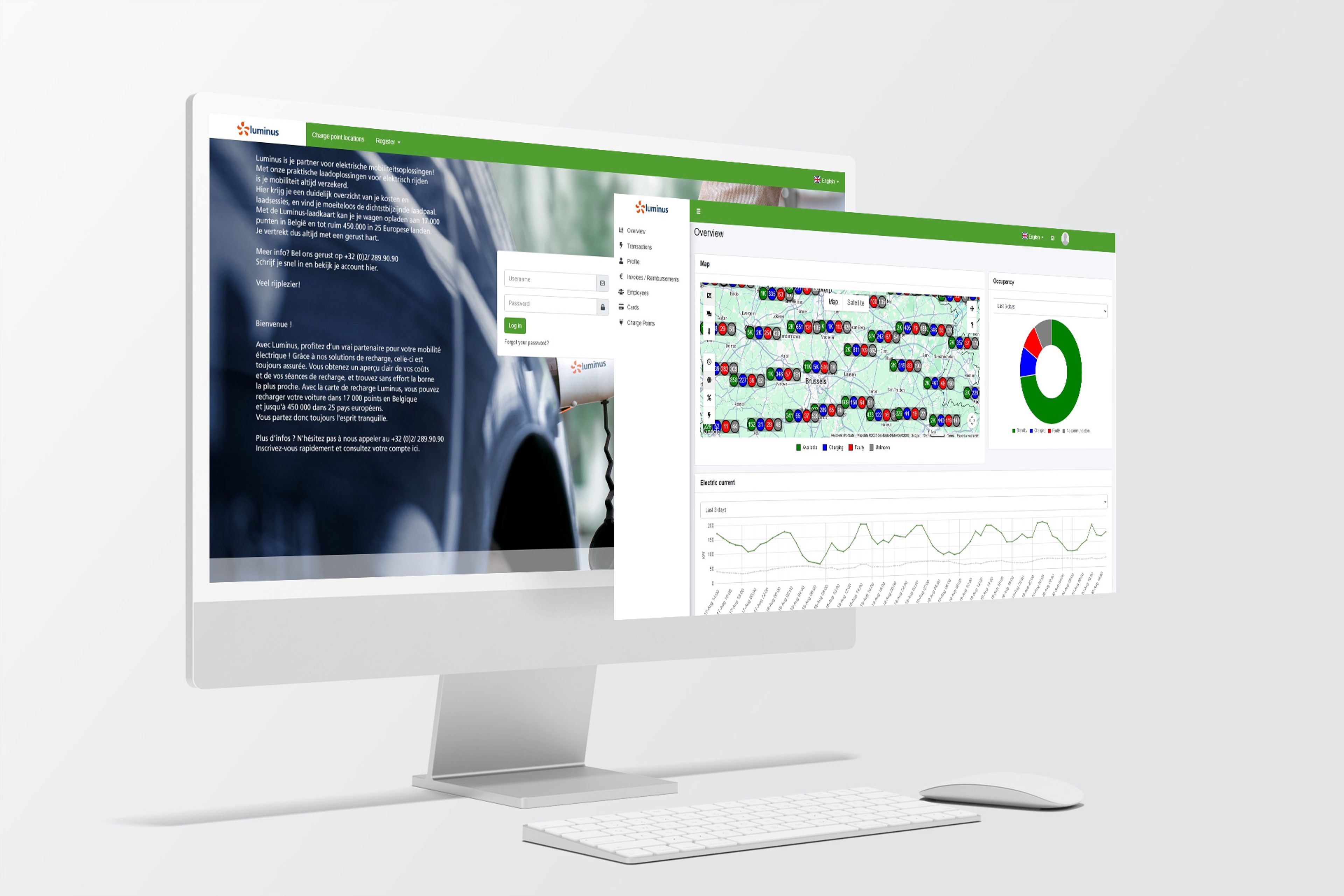 Écran d’ordinateur affichant la plateforme de gestion des données de recharge Luminus, avec tableaux, graphiques et vue d’ensemble des bornes