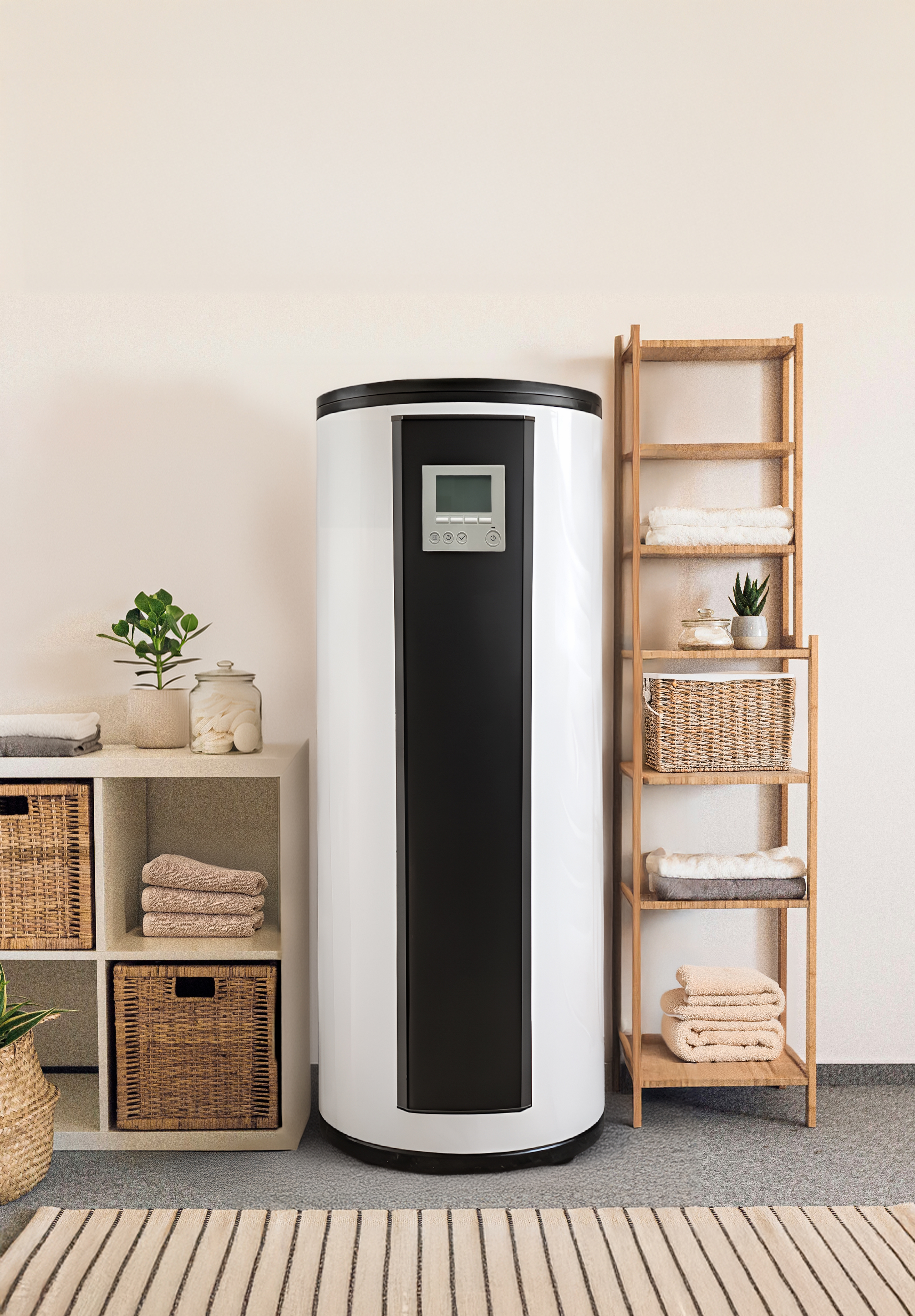 Warmtepompboiler in een badkamer nast rekje met handdoeken.