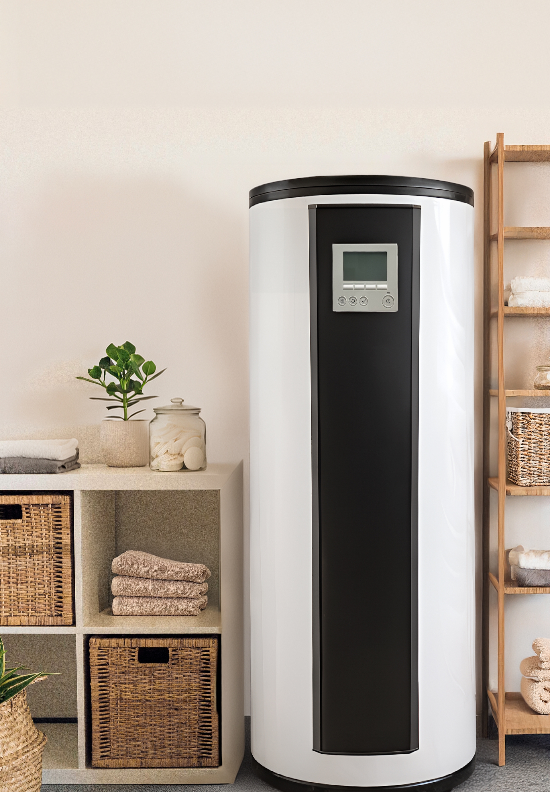 Witte warmtepompboiler in een badkamer met habnddoekrekjes ernaast.